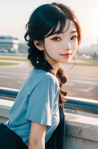 Real photos of Korean women, Cross bangs, smile slightly, t-shirt, at the airport, View, Head-up shooting, vague, ultra high definition, masterpiece, high resolution, 16K