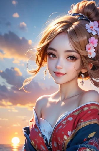 anime style, in the sky, across the sea, two eyes open, Eyes detailed, under the sunset, Smile, masterpiece, 4K, Detailed face, good anatomy, emphasize,  