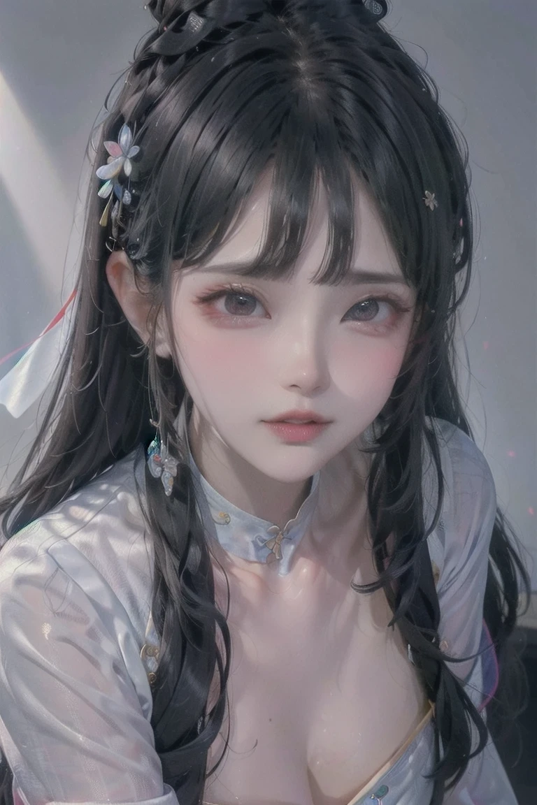 full body,masterpiece, black_hair, 1 girl, looking at the audience, long_hair, nail_polish, solo, ancient art, Chinese,(8k, best quality, masterpiece:1.2), (realistic, realistic:1.2), (background sky: 1.2), (face close-up: 1.7), looking at the audience, hanfu, 1girl, (purple flower pine ink: 1.1), face close-up, detailed face, hanfu, song, long shan, pleated skirt,cinematic lighting, motion blur, ray tracing, god rays, bloom, drop shadow, close-up, lens flare, UHD, masterpiece, ccurate, anatomically correct, textured skin, super detail, high details, high quality, award winning, best quality, highres, 16k, HD, face close-up, close-up, close-up, accurate, correct hand, (anatomically correct: 1.5),