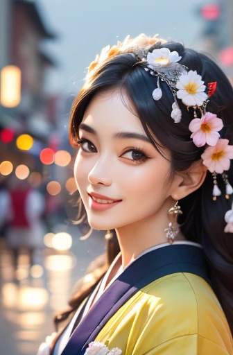 (((top quality, 8K, masterpiece))), clear focus, (Beautiful woman with perfect body), thin and long, (hairstyle: up)), ((kimono: sugar cane)), street: 1.2 highly detailed faces and skin textures detailed eyes double eyelids in random poses, (Smile),super cute Japan person,super beauty Japanese girl, realistic face, double eyelids,Smile,summer festival , at sunset ,Fireworks background.