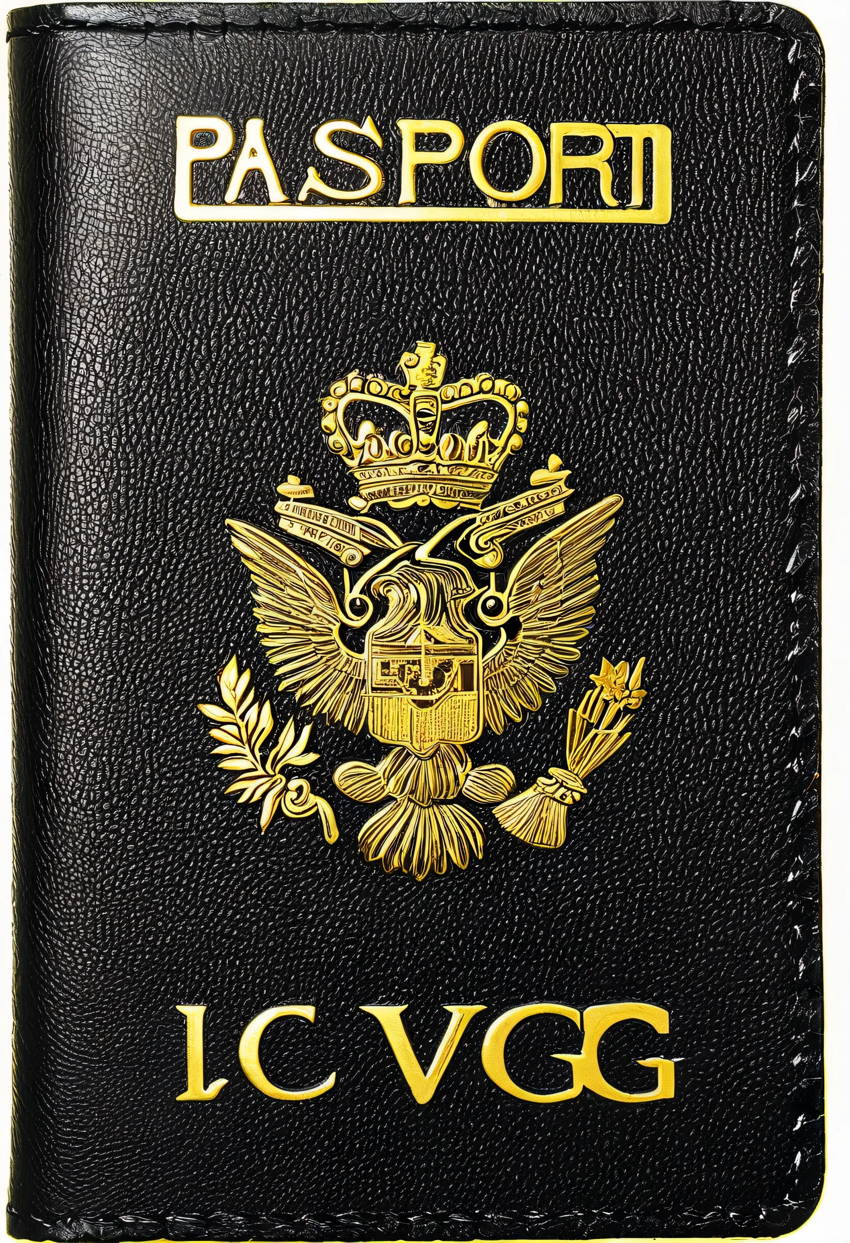 pasaporte color negro, letras CVG en dorado, hiperreal, fotografico