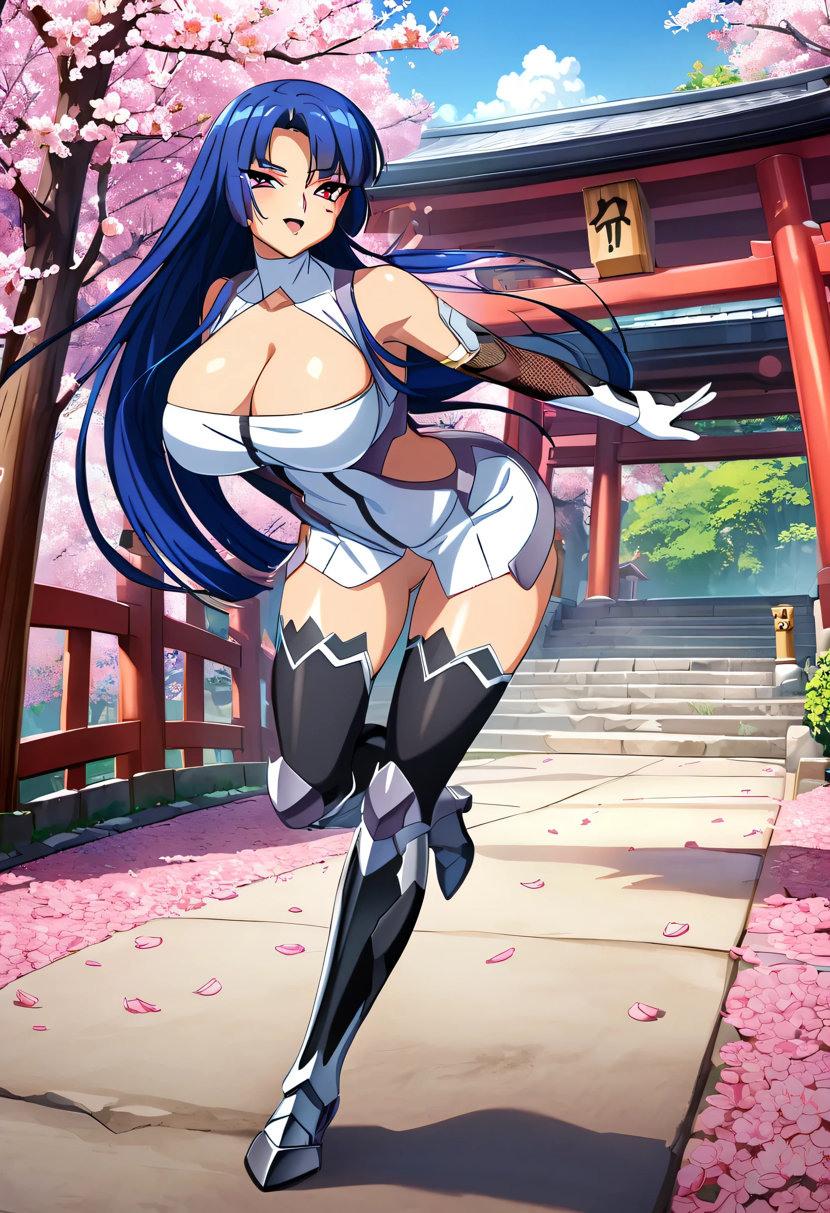 masterpiece, best quality, very aesthetic, absurdres, 8k, fkmk, tmrsk,1girl,solo,bare shoulders, large breasts, cleavage, seductive smile, open mouth, yatsu taimanin suit,elbow gloves,thighhighs,armored boots, full body, dancing, standing, cherry blossoms, falling petals, fantasy,in garden, shrine,torii,stairs, stone lantern,