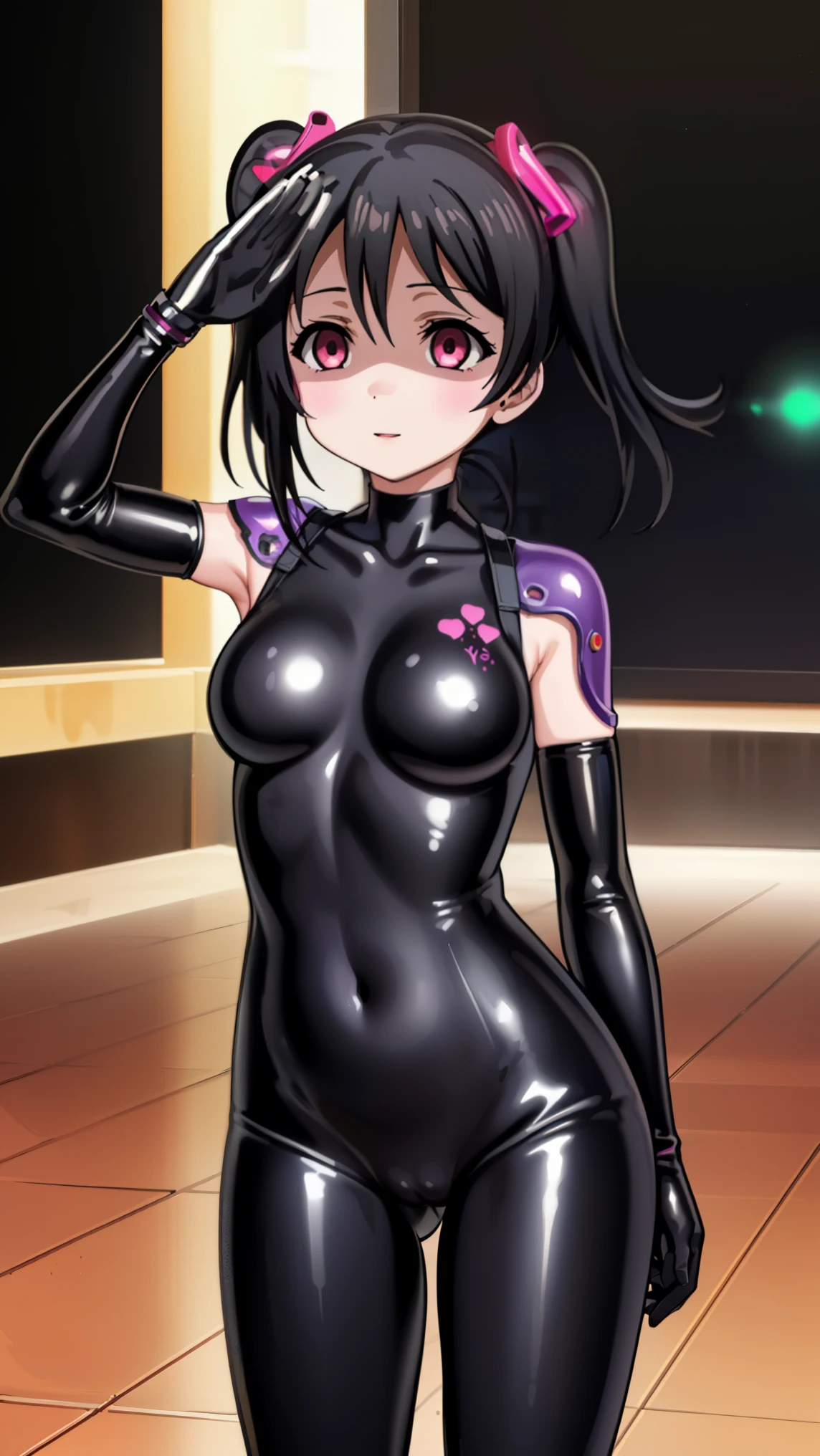 1 girl,NSFW,Nico Yazawa, (lovelive), clavicle, absurd, brainwashing,Combatant, empty eyes,((purple glowing eyes 1.5)),modest chest, fearless smile,((black latex tight bodysuit)),avert your eyes , whole body shape, ((stand up, salute)),(highest quality、4k、8K、High resolution、must have:1.2)、Super detailed、(reality、that&#39;s reality的な、reality的な:1.37)、ticker、hyper hd、studio lighting、ultra definition paint、sharp focus、Physically based rendering、extreme details、Professional specifications、vibrancy and color、blurry、sports portrait、landscape、horror style、anime big breasts、SF、photograph、concept artist、five fingers, perfect body,  {{{masterpiece}}}, {{{highest quality}}}, {{Super detailed}}, {shape}, {{very delicate and beautiful}},Improved cost performance、all roles、Canon 5D MK4でphotograph、photograph, 