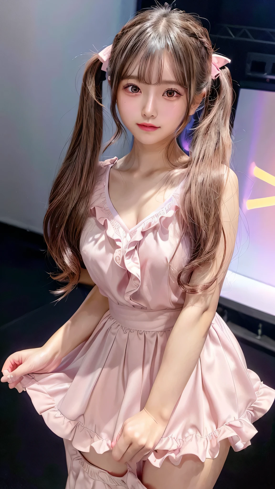 blush,small breasts,,long hair twintails,on stage,Are standing,close up of face,((8K, Raw photo, best quality, muste piece:1.2), (Reality, photorealistic:1.4), (Highly detailed 8K wallpaper), Depth of the bounds written, cinematic lighting, soft light, detailed beauty eye,Shiny and smooth light brown ponytail, asymmetrical bangs, shiny skin, super detailed skin ,high resolution, high detail, detailed hairstyle, detailed beauty face, hyper real, perfect limbs, perfect anatomy ,1 Japanese girl,famous japanese idol, perfect female body,shy smile,short eyelashes,double-edged eyelids,look straight here,Hair style is twin tails、Pink colored long dress with lots of ruffles, softly shaped skirt, standing on stage,pink ribbon on head,She wears a long skirt with lots of frills.,Neat clothes
