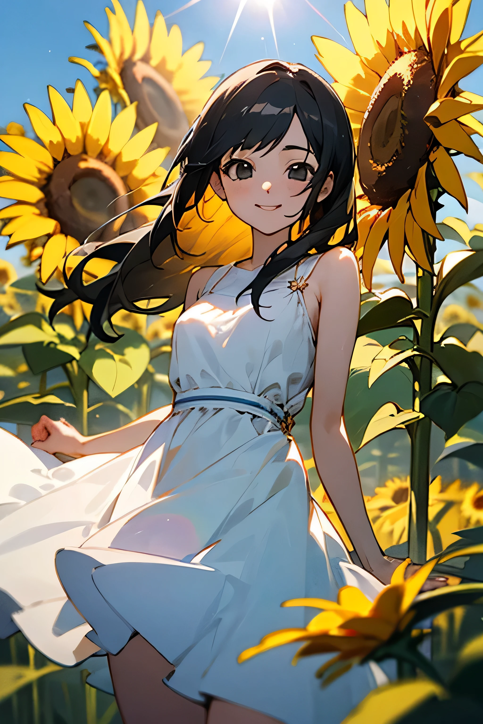magnificiant view,best quality, masterpiece,ultra high res,detailed,one girl,short body, body,smile,long hair,black eyes,black hair,round face,magnificiant view,white dress,sunflower field,sunny,colorful refraction,lens flare,natural lighting