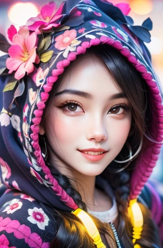 Detailed background, masterpiece, best quality, Smile, decoration, hood, portrait, neon pink, doodle, dark, night, Bright Eyes, Purple light