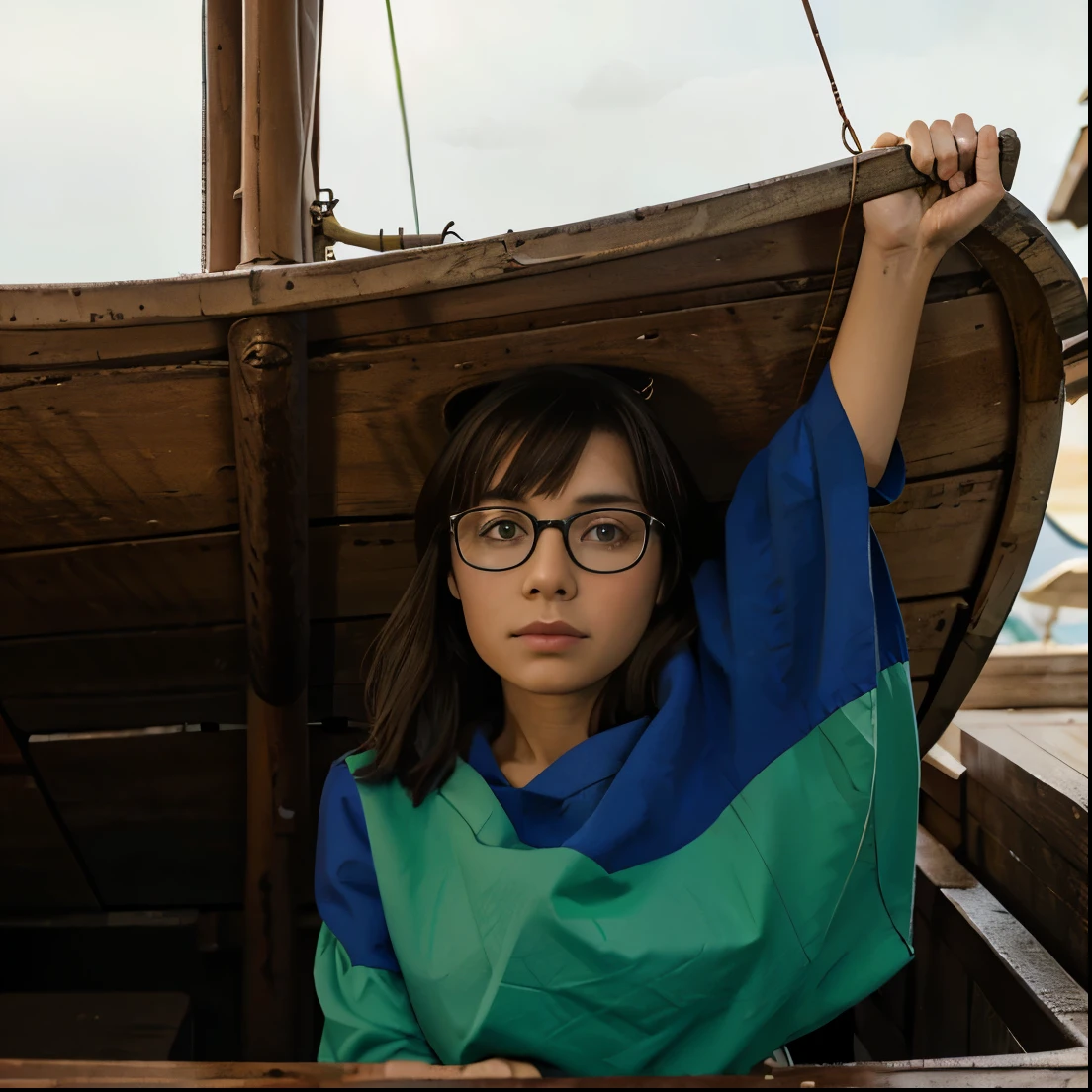 Uma garota vestida de pirata, She is inside her boat with a spyglass in her hand, ela tem cabelo ondulado e mediano, On her face she has glasses and her eyes are green and brown.