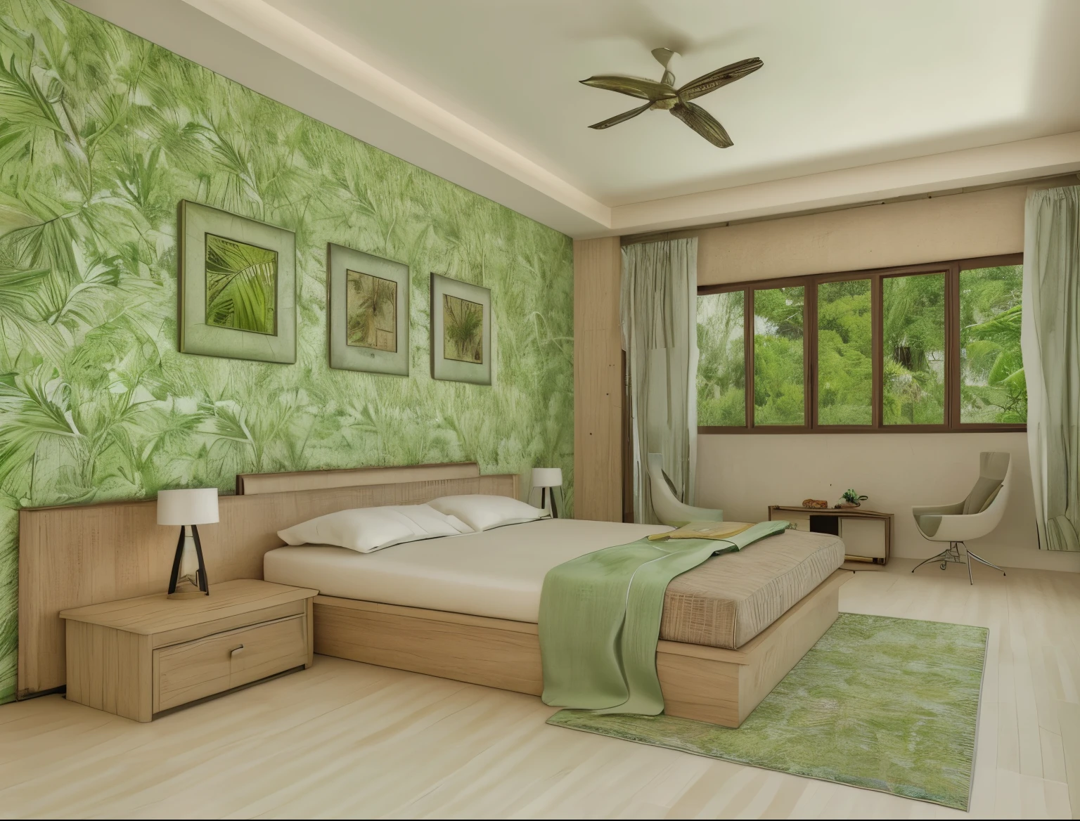 bedroom, tropical design, (realistic:1.2), Raw photo,Masterpiece, high quality, best quality, authentic, super detail,