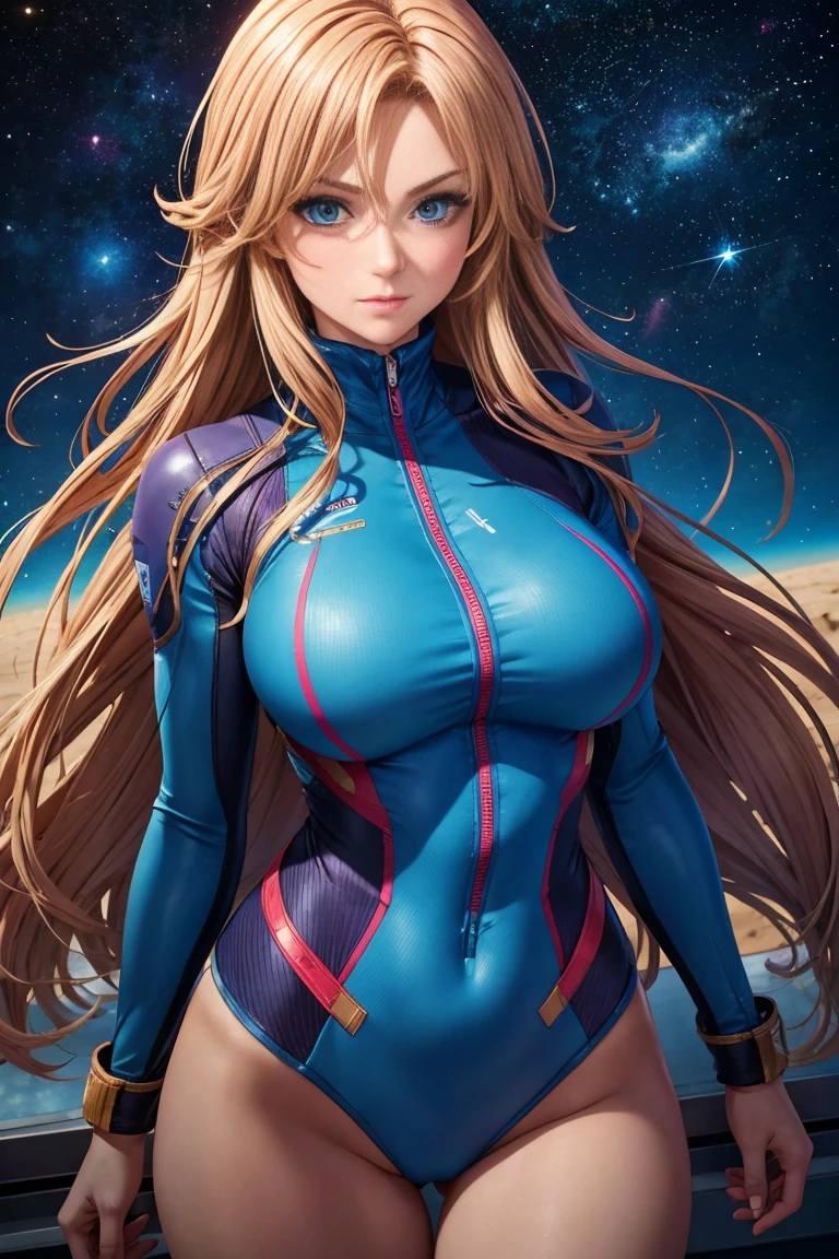 sandy hair muscular, large breasts, slender thighs slender waist pilot suit solo looking at viewer in space long hair blushing determination, blue eyes