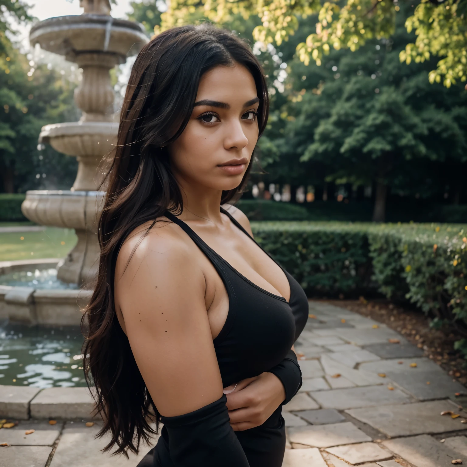 Gritty candid raw portrait, close-up photo of a young 21 year old beautiful, big lips, full body, high cheekbones, seductive, Swedish and Egyptian mixed race, long black hair with red highlights, wearing a fitness outfit, jogging in a park near a fountain, realistic skin texture, very curvy and voluptuous, gothic, pale, flawed skin, shot with Sony Alpha A6500 1.4f, deep focus, highly detailed, masterpiece,
