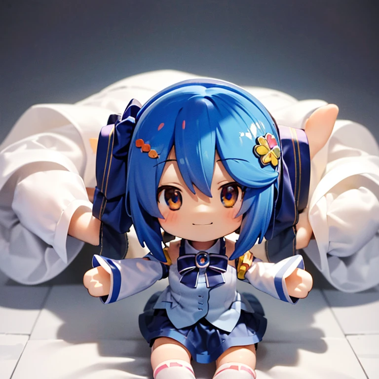 ((masterpiece)), ((((Chibi anime)))), 1 girl, alone ((((no background)))), madobe nanami, hair clip, hair band, hair ornaments, long sleeve, skirt, white and blue knee socks, (((Nendoroid))), closed one eye, smile, shortcut, Hehehe,Character Doll,Chibi