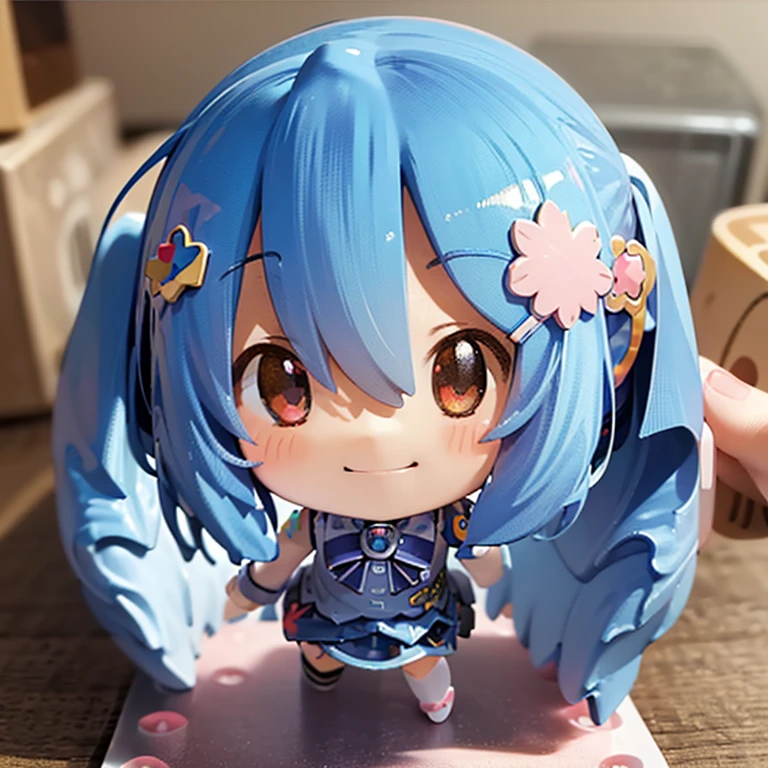 ((masterpiece)), ((((Chibi anime)))), 1 girl, alone ((((no background)))), madobe nanami, hair clip, hair band, hair ornaments, long sleeve, skirt, white and blue knee socks, (((Nendoroid))), closed one eye, smile, shortcut, Hehehe,Character Doll,Chibi