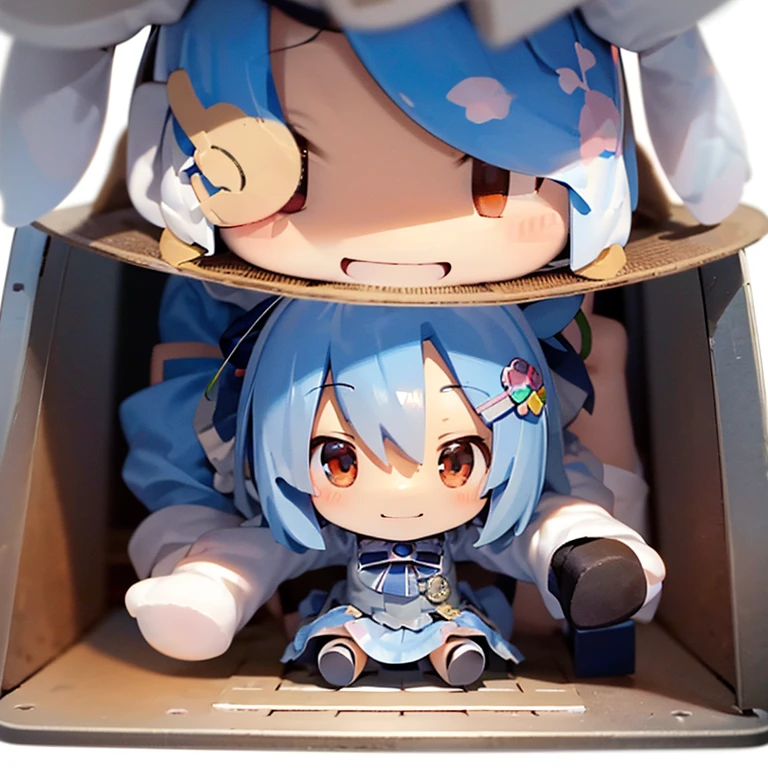 ((masterpiece)), ((((Chibi anime)))), 1 girl, alone ((((no background)))), madobe nanami, hair clip, hair band, hair ornaments, long sleeve, skirt, white and blue knee socks, (((Nendoroid))), closed one eye, smile, shortcut, Hehehe,Character Doll,Chibi