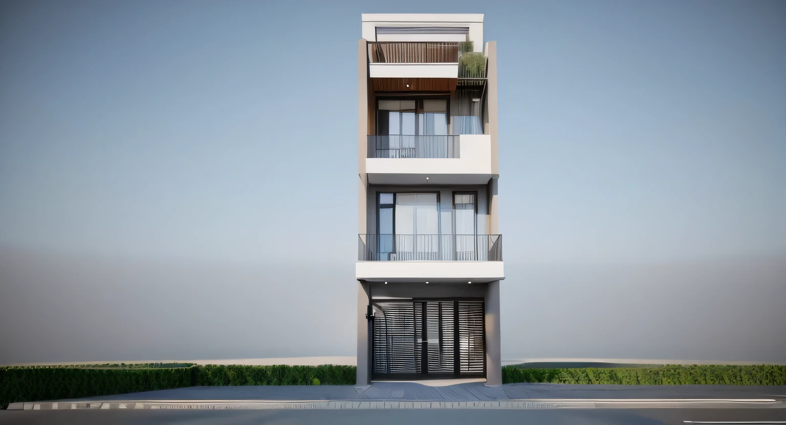 a rendering of a tall building with a balcony and balconies, front elevation view, elevation view, 3d rendering, 3 d rendering, building facing, front elevation, realistic building, frontview, street elevation, wide establishing shot, street level view, 3/4 view from below, rendered, in style of simplified realism, 3/4 view realistic