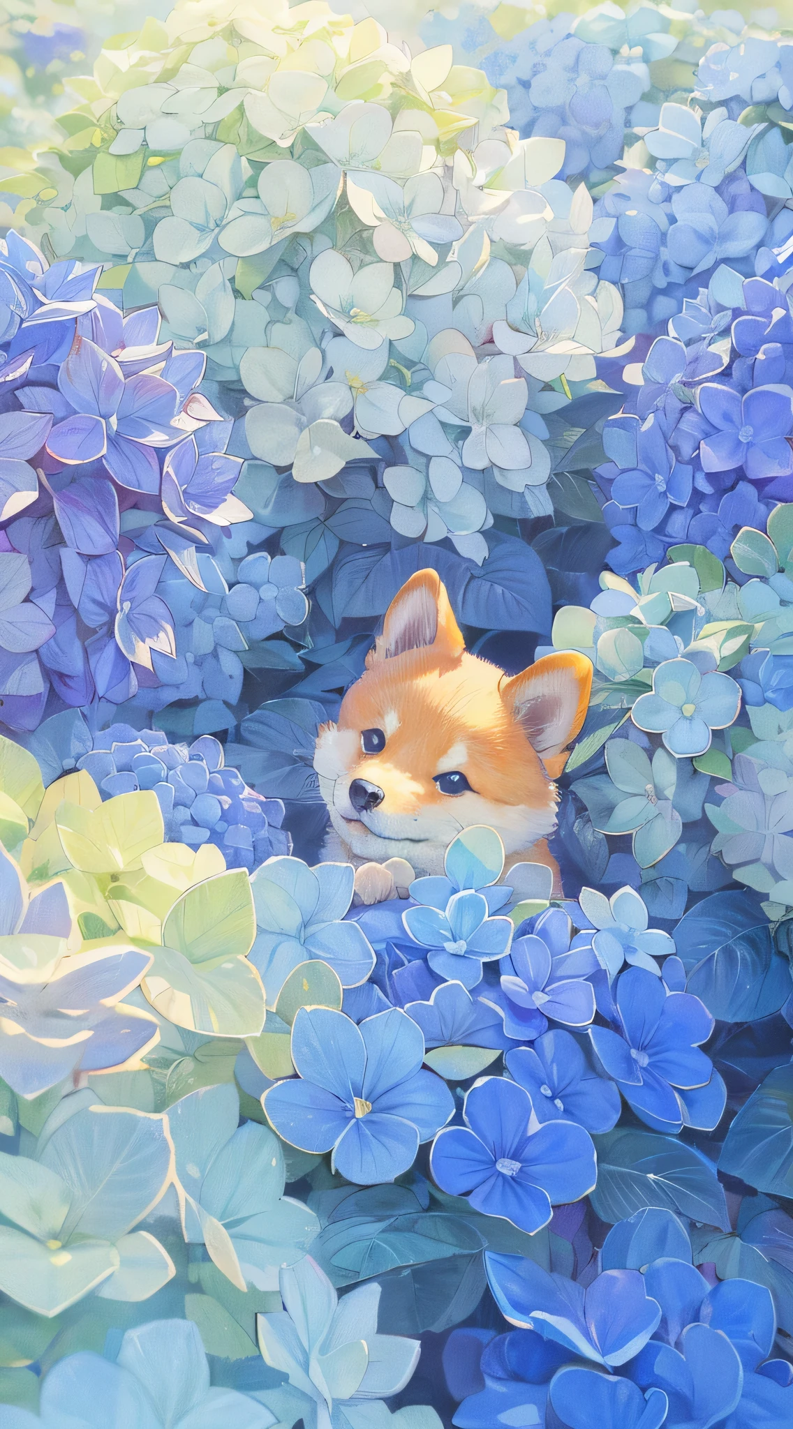 (best quality, masterpiece:1.2), A little Chubby cute fluffy dog in the middle of a huge hydrangea, closeup, in the style of Hergé and Moebius, flat comic color, bold lines, simple shapes, dreamy, highly detailed, digital illustration, 2D