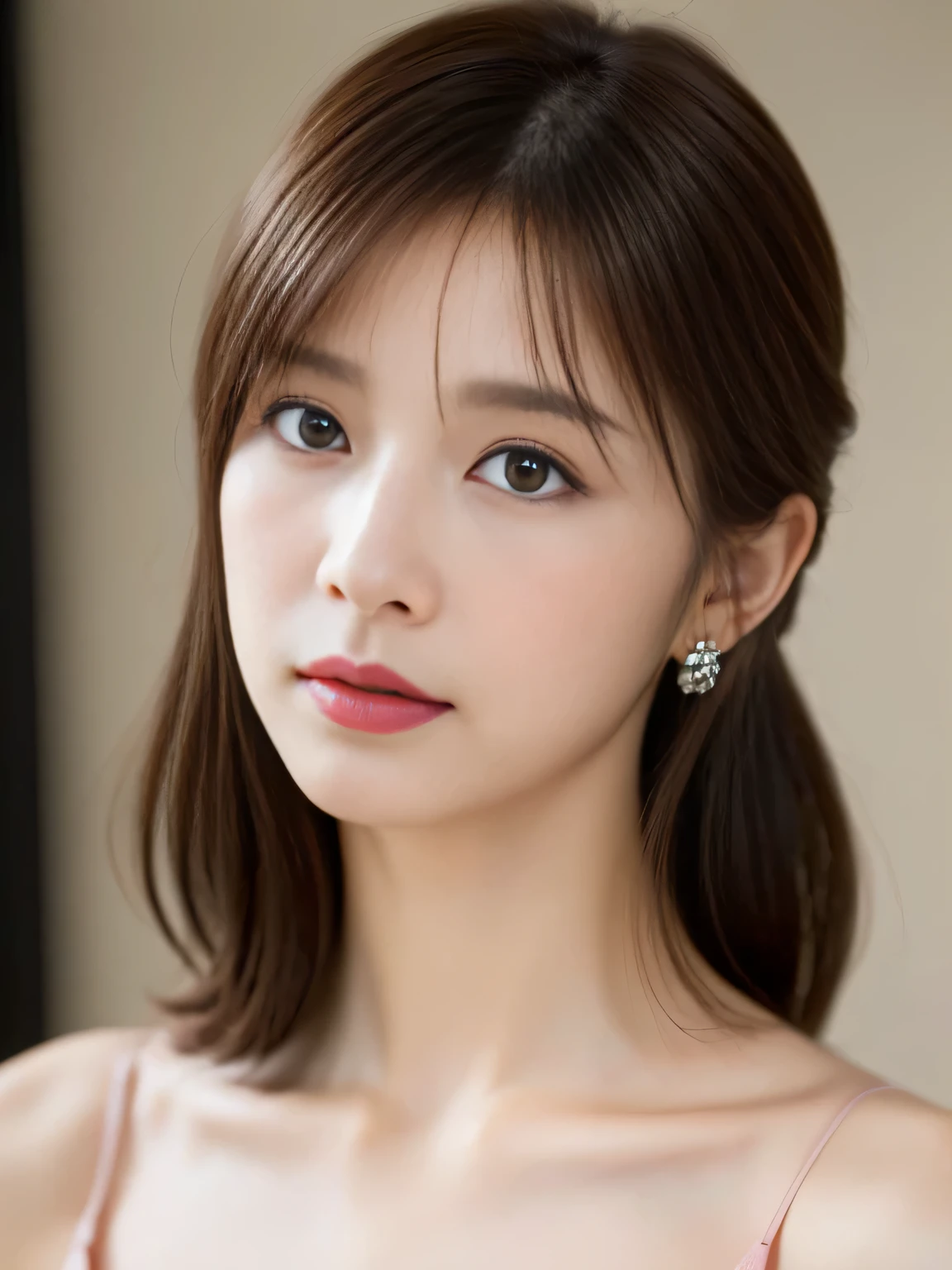 ((highest quality, 8K, masterpiece :1.3)), (realistic, Photoreal:1.4), sharp focus:1.2,
Bright colors, professional level, shallow depth of field,
20-year-old, (Half Japanese and half German woman), 1 person, A beautiful face with intelligence,
Supple body :1.3, model body shape:1.5, 頭w:1.4, perfect style:1.4,
narrow shoulders, beautiful clavicle, long and thin legs, The beauty of slim abs :1.2, thin waist :1.2,
super detailed skin, Fair skin, Shiny skin,
super detailed face, slim facial contour, beautiful small face, Beautiful lined nose,
super detailed eyes, long slit eyes, brown eyes, double eyelid, beautiful thin eyebrows, fine long eyelashes,
super detailed lips, plump lips, glossy pink lips, flushed cheeks, beautiful teeth,
Beautiful actress's ennui makeup, pink lipstick, silver necklace, earrings,
light brown hair, delicate soft hair,
(hair up, ponytail :1.2), layer cut, (dull bangs:1.2),
(Dress up with trendy fashion:1.2),
gentle smile, open mouth half way, Enchanted expression, stare at the camera,
(Full body image from the waist), dynamic lighting,
((She is completely naked and wearing a thin blouse.)),
(perfect breast shape, B cup:1.2), A small pink areola,
She has a cute plump butt, My thighs are dazzling,
(standing in a beautiful posture),
(facing forward, pay attention to the thighs:1.2),