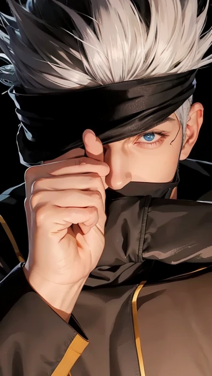 1 male, gojou satoru in anime jujutsu kaisen, short hair , gray hair, blue eyes, good looking, black clothes, smile, realistic clothes, details clothing, urban background, Super detailed, realistic