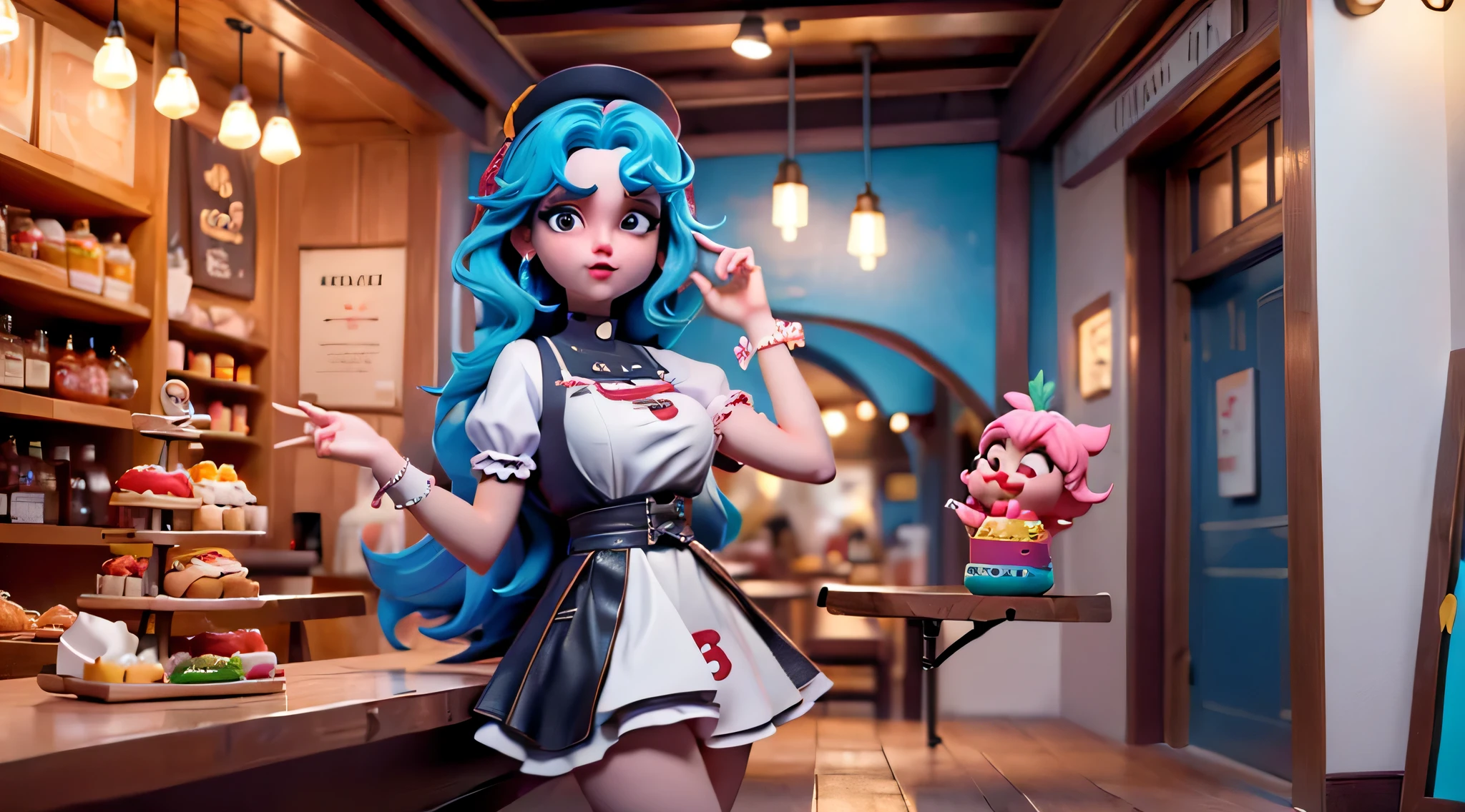 (mejor calidad, 8K, obra maestra: 1.3)) panoramic of a street, de una zona comercial, con un cafe, una restaurante, con mucha gente, una chica vestida tiernamente , Estilo Pixar, gloomy, Negativo, retorcido, strange, bailando