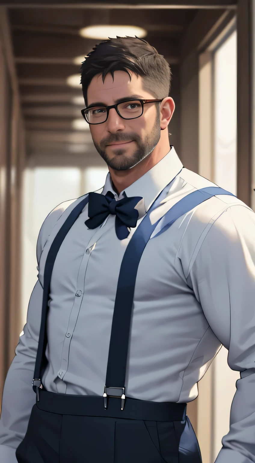 An award-winning original photo, A wild muscular man, (40 years old daddy:1.1), 1boy, Solo, (white formal shirt), (big shoulders), (blue suspenders), musculature, stubbles, Short beard, Detailed face, wearing glasses, smilling, hallway, Dynamic Angle, volumetric lighting, (Best quality, A high resolution, Photorealistic), Cinematic lighting, Masterpiece, RAW photo, Intricate details, hdr, upper body shot
