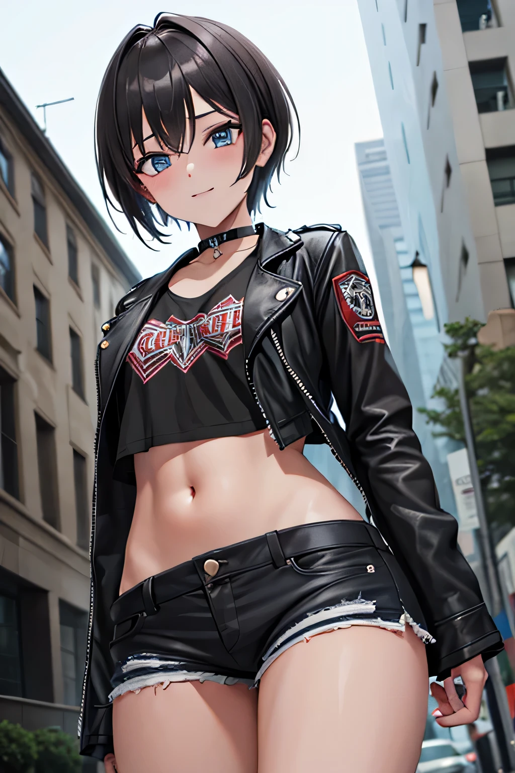 ((masterpiece)), (bestquality), ((ultra-detailed)), ((cinematic lighting)), depth of field, (dynamic angle),detailed lighting, (beautiful detailed blue eyes), 1girl, Punk Girl:1.4, goth girl:1.4, short black hair, tanned skin, Choker, tomboy, top and shorts, Jacket, flirty smile:1.3, navel, small bust,