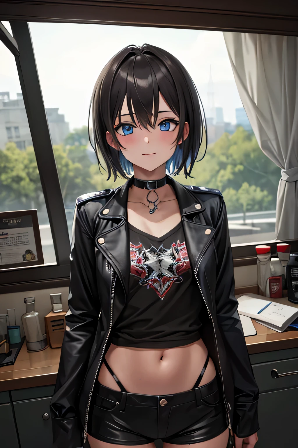 ((masterpiece)), (bestquality), ((ultra-detailed)), ((cinematic lighting)), depth of field, (dynamic angle),detailed lighting, (beautiful detailed blue eyes), 1girl, Punk Girl:1.4, goth girl:1.4, short black hair, tanned skin, Choker, tomboy, top and shorts, Jacket, flirty smile:1.3, navel, small bust,