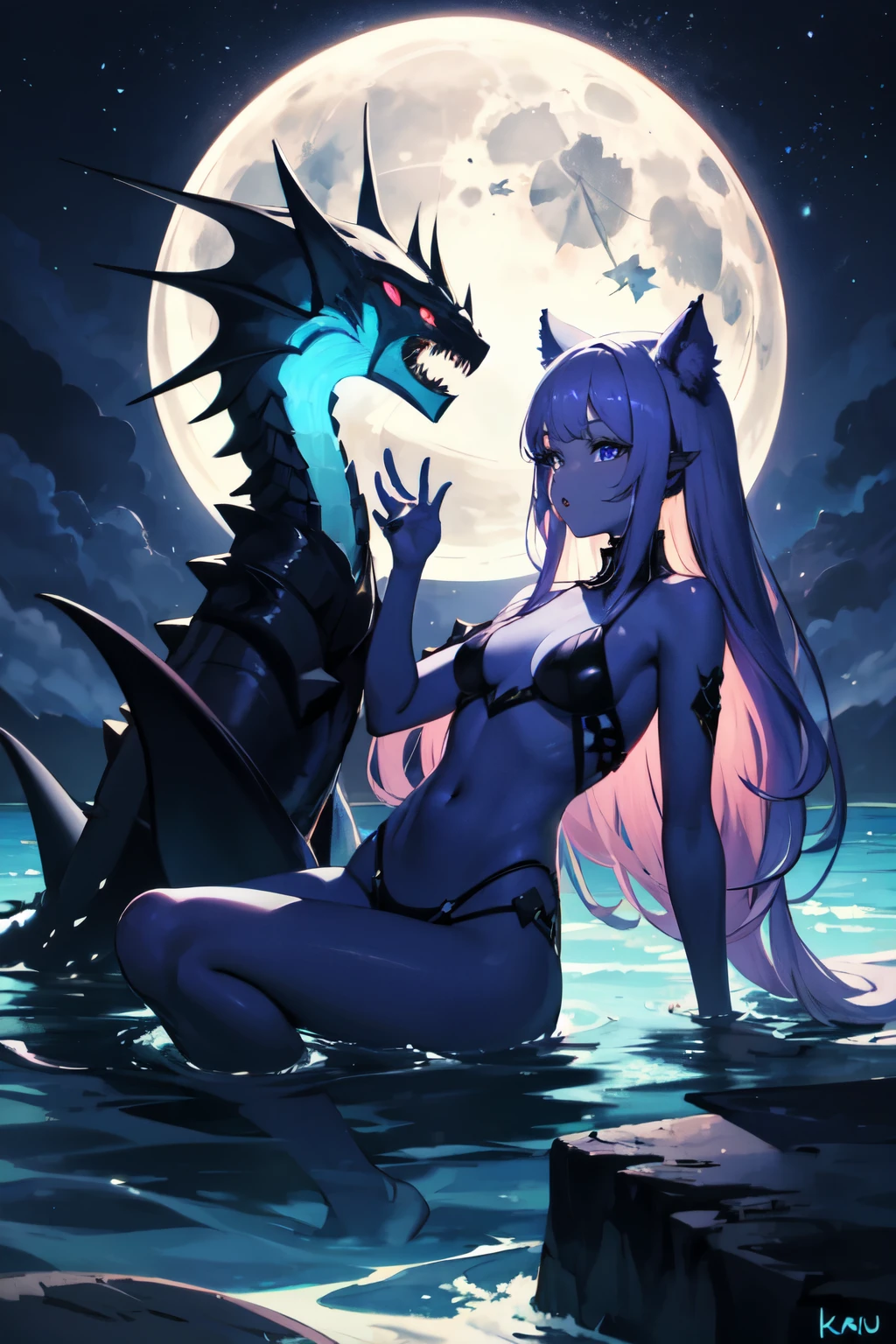 deep sea, kaiju girl, tail, blue eyes, purple and black skin, moonlight