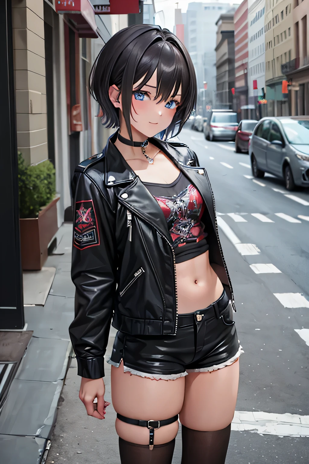 ((masterpiece)), (bestquality), ((ultra-detailed)), ((cinematic lighting)), depth of field, (dynamic angle),detailed lighting, (beautiful detailed blue eyes), 1girl, Punk Girl:1.4, goth girl:1.4, short black hair, tanned skin, Choker, tomboy, top and shorts, Jacket, flirty smile:1.3, navel, small bust,