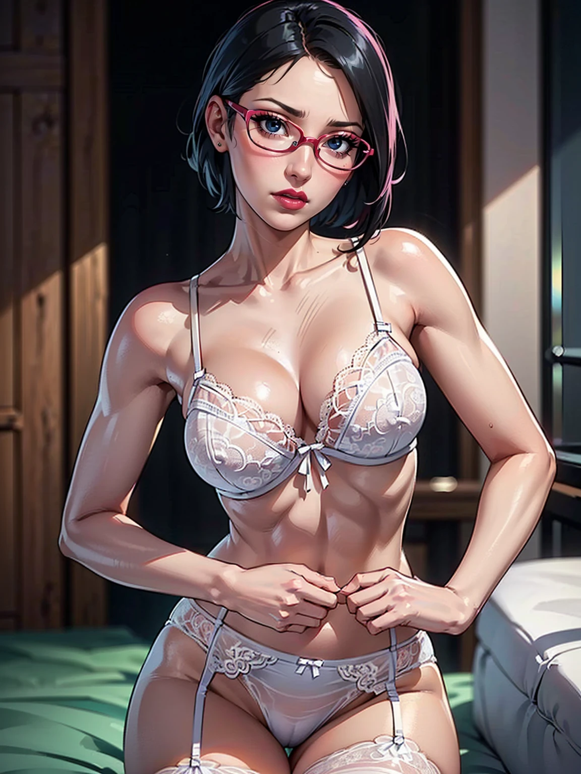 (1girl, solo, alone), (WakatsukiRisa, Sarada Uchiha, black hair, short hair, black eyes, red glasses), ((solo, (1woman, pink lipstick, black eyes), Extremely detailed, ambient soft lighting, 4k, perfect eyes, a perfect face, perfect lighting, a 1girl)), ((fitness, shapely body, athletic body, toned body)), ((there is a woman in a white lingerie posing for a picture, white lace, brazilian, sexy look, dressed in white intricate lace, full length and white stockings,sexy girl, sexy outfit, wearing sexy lingerie, lacey, laced lingerie, angelawhite, marischa becker, intricate and detailed lace set))
