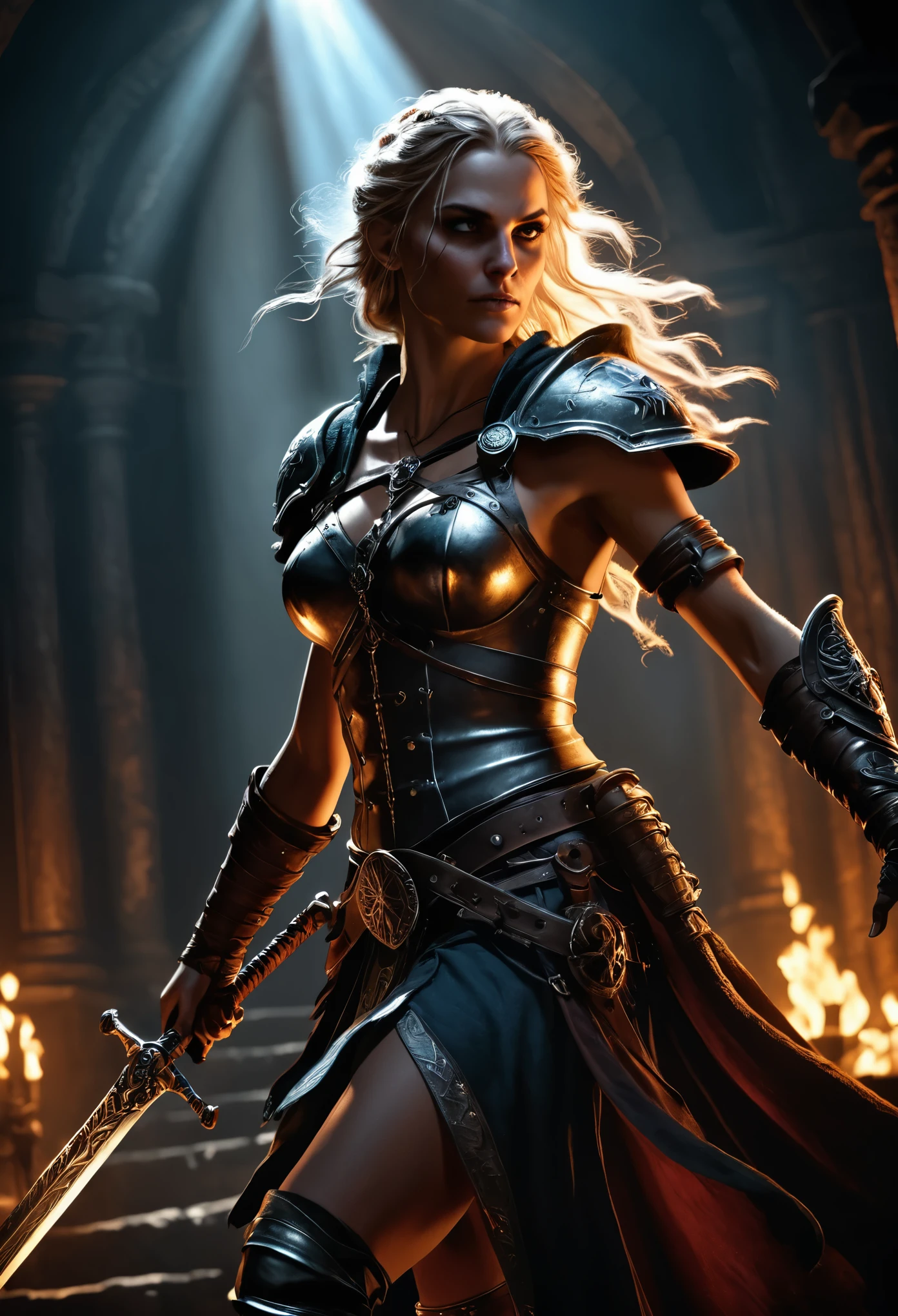 (Realisttic:1.2), image of Darkest Dungeon, a high level of detail and a glossy, almost hyper realistic quality, typical of fantasy art. war goddess valkyrie, dancing with the sword, (menacing look, stern and at the same time beautiful face), play of shadows and sun rays, epic masterpiece, cinematic experience, 8k, fantasy digital art, HDR, UHD. This contrast between the fantastical character and incredible beauty, elements gives the piece an intriguing narrative quality. highly stylized. depth of field, bokeh effect, backlit, stylish, elegant, breathtaking, visually rich, masterpiece full body shot.