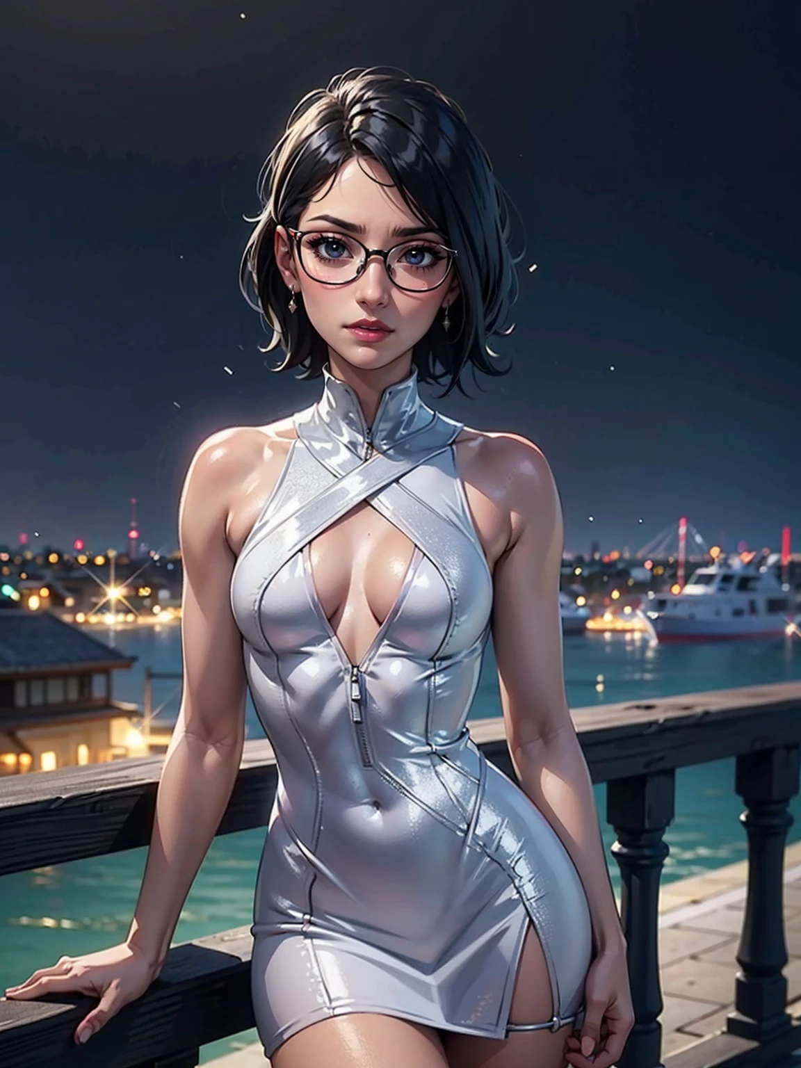 (1girl, solo, alone), (WakatsukiRisa, Sarada Uchiha, black hair, short hair, black eyes, red glasses), ((solo, (1woman, (small bust), pink lipstick, black eyes), Extremely detailed, ambient soft lighting, 4k, perfect eyes, a perfect face, perfect lighting, a 1girl)), ((fitness, shapely body, athletic body, toned body)), ((silver dress posing on a railing, diamond shimmering dress, wearing silver dress, fancy silver dress, sexy dress, tight dress, wearing a sparkling dress, transparent gray dress, glitter dress, skintight dress, short dress, sparkly, portrait demi rose, violet myers, short minidress, shiny and sparkling, revealing stylish dress, tight attire))