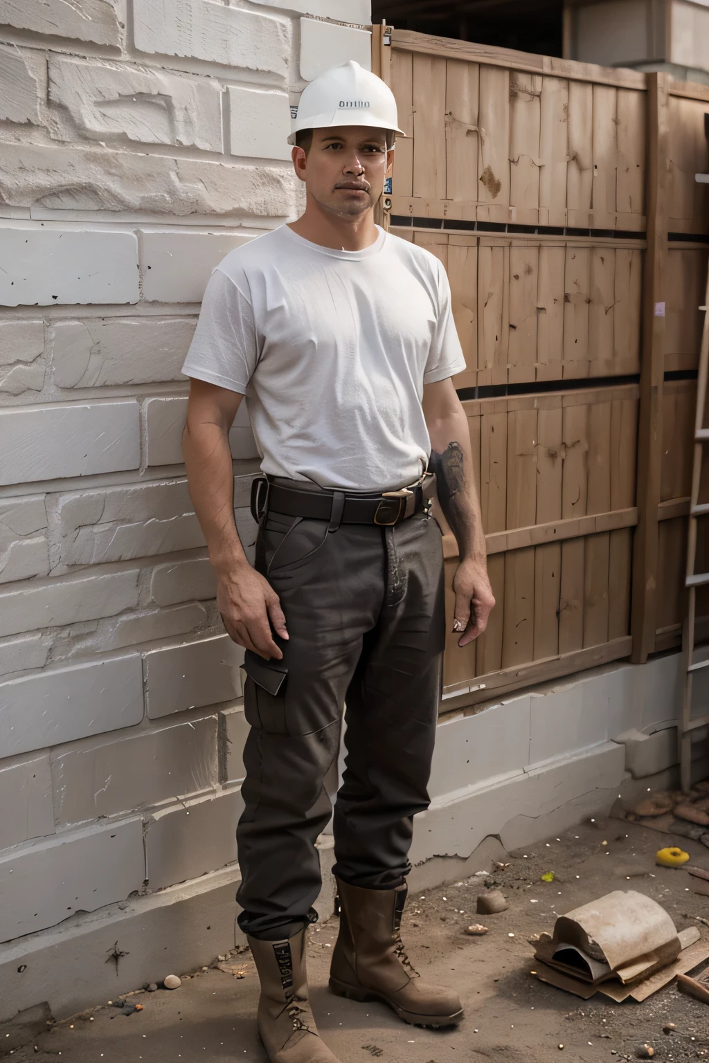 The bricklayer may be wearing typical work clothes, como uma camisa de manga comprida, work pants and boots. He may also wear a tool belt with several tools hanging from it. The bricklayer may be on a construction site in progress., com andaimes, tijolos, argamassa, etc.