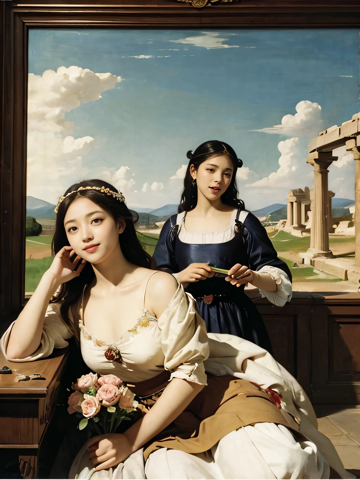 Giorgione painting style,Arguments of two female Philosophe,math、astronomical machine、astronaut、roses in vase、fruits、Cute trinkets、smile、ancient greek costume、Ancient Roman landscape in the style of Nicolas Poussin,laughter,,Sweet and seductive appearance.、Caravaggio's paintings、Chiaroscuro of Caravaggio、hair tousled by the wind,Two women frolicking,cute smile, expression of ecstasy,Sexy,erotic