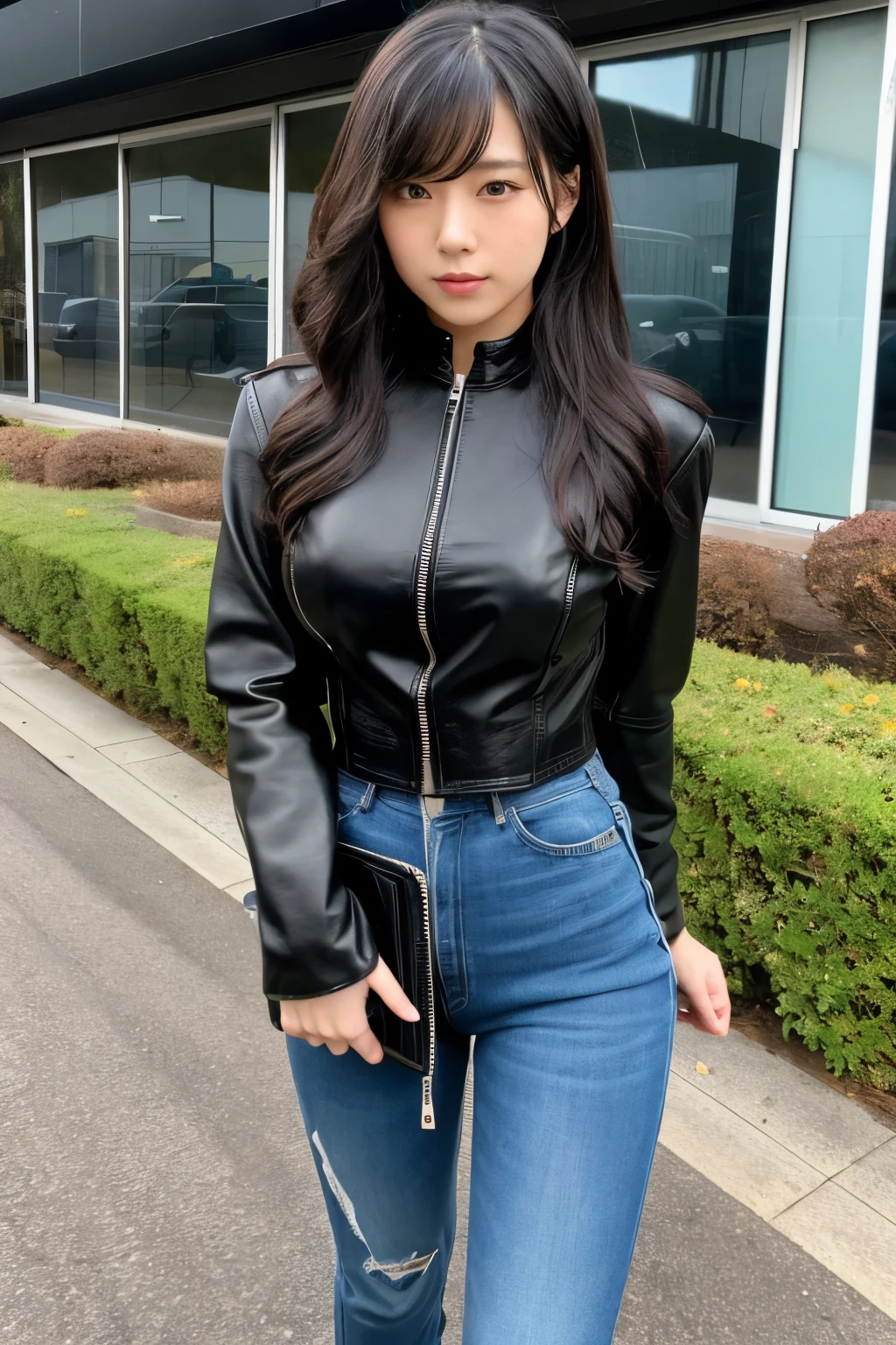 Japanese 20age woman, full body, no nude very huge breasts, hair color is black, long wave hair, wearing black leather jacket bulge in her chest, {{{closing leather jacket zip,}}} black leather flared pants, full leather