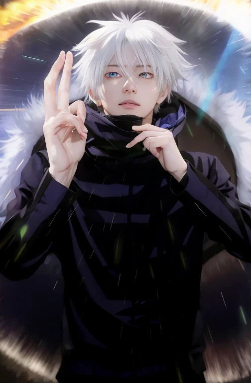 Anime man with white hair and blue eyes doing a peace sign, nagito komaeda, with your index finger, Killua Zoldyck, Killua Zoldyck black hair, kaneki ken, silver haired madman, he is casting a spell of illumination, white haired god, Ken Kaneki, Kaworu Nagisa, Killua Zoldyck portrait