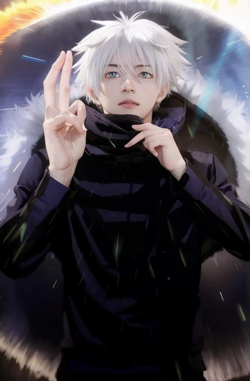 Anime man with white hair and blue eyes doing a peace sign, nagito komaeda, with your index finger, Killua Zoldyck, Killua Zoldyck black hair, kaneki ken, silver haired madman, he is casting a spell of illumination, white haired god, Ken Kaneki, Kaworu Nagisa, Killua Zoldyck portrait