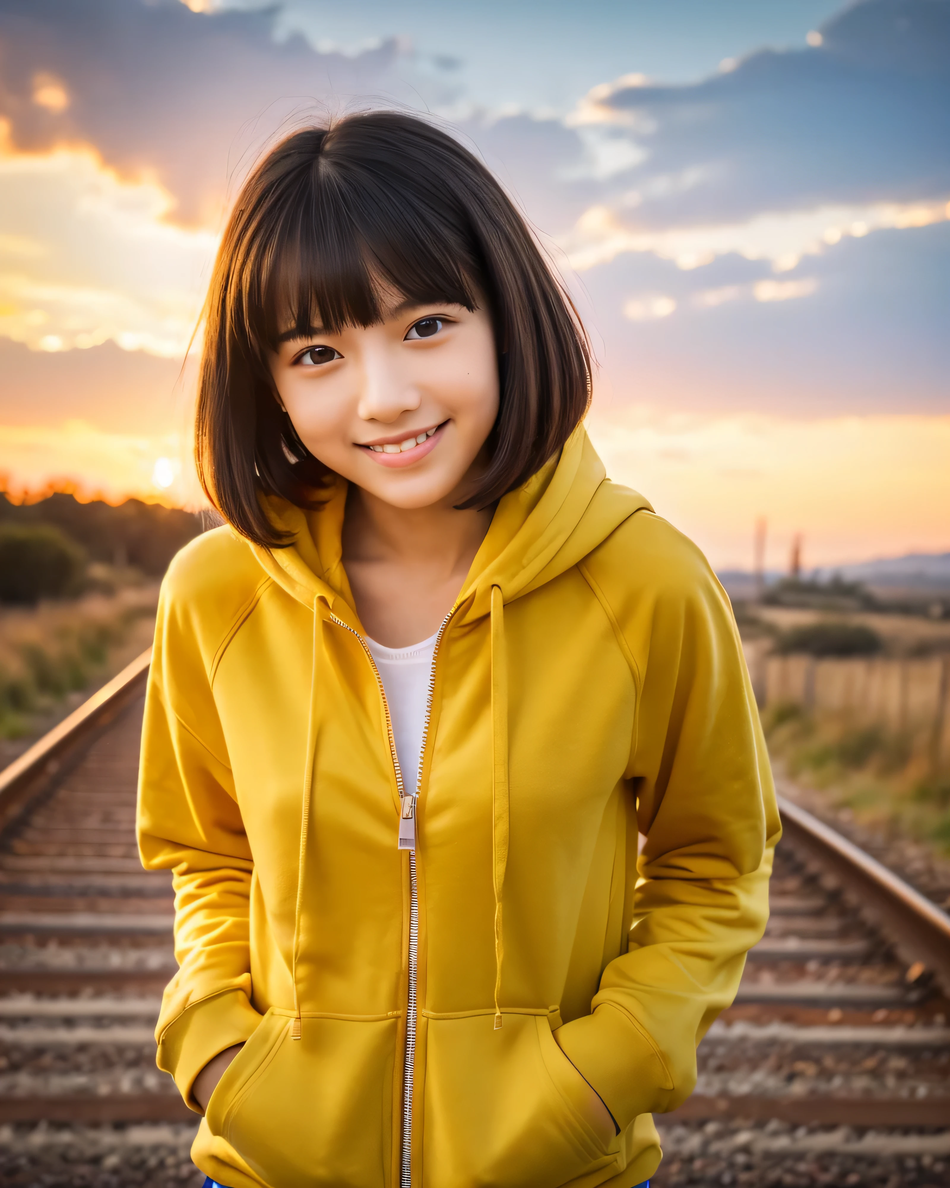 ((highest quality, 32k, High resolution, masterpiece:1.5, ), A track that stretches to the horizon, nostalgic light landscape, beautiful japanese girl, very beautiful face, Rear view walking on the railroad tracks, , shiny black hair, beautiful short hair, beautiful bangs, hair between eyes, big magical eyes, clearly double, pale pink lips, gentle smile, (Yellow Zip Hoodie), ((High resolutionの美しい太もも, beautiful feet), beautiful detailed sky, professional photographer, professional lighting, Professional models