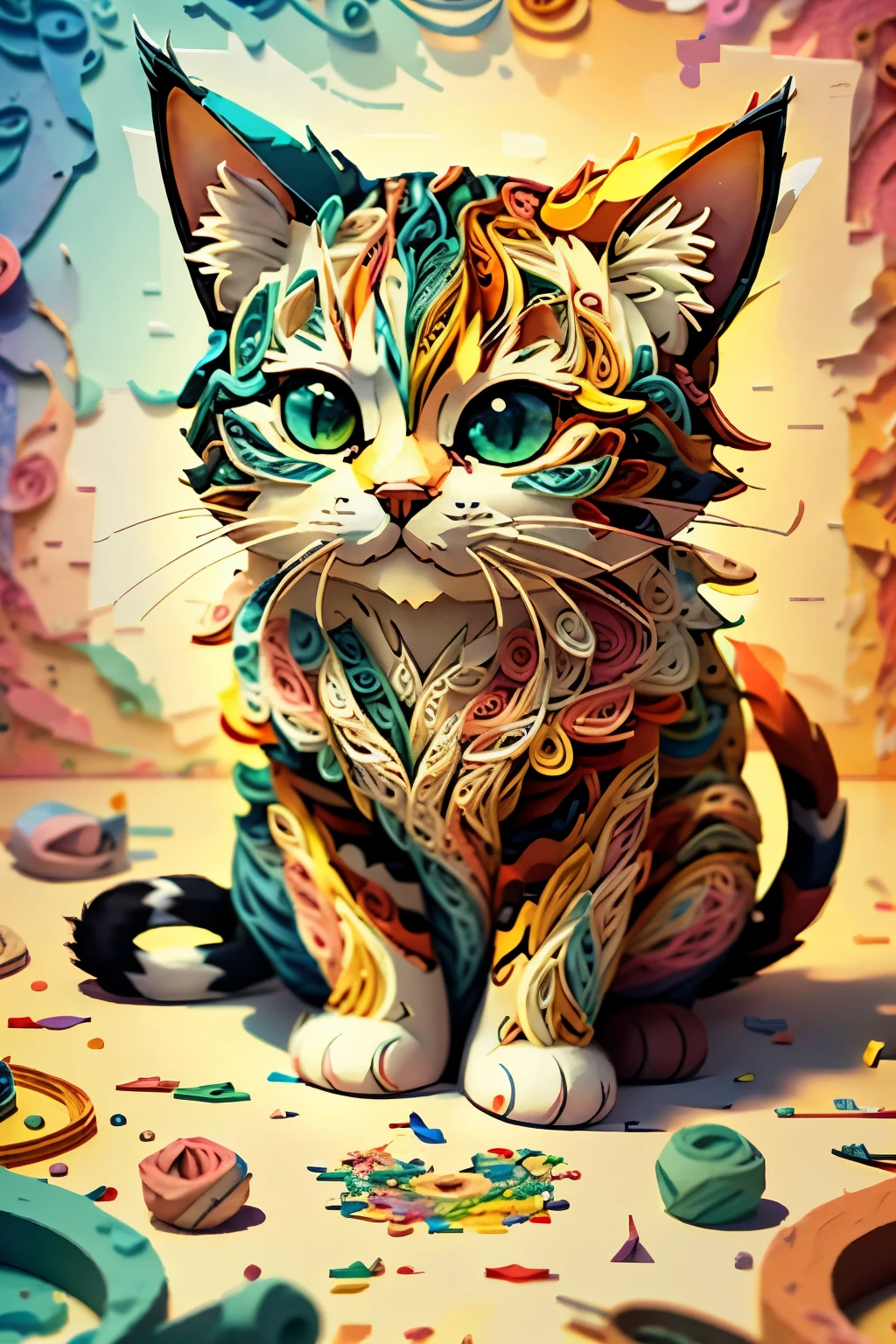 cat, multi-dimensional paper quilling, art, yang08k, cute, colorful, masterpieces, top quality, best quality, official art, cute and aesthetic,