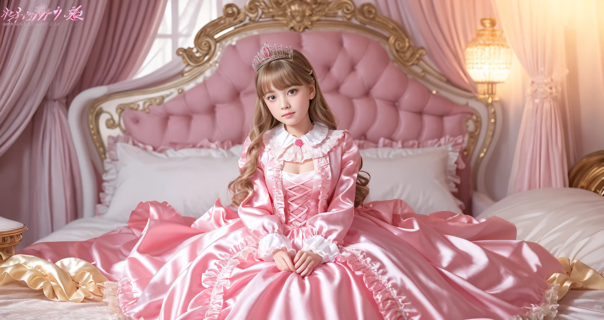 ,highest quality, masterpiece, highest resolution, artwork, super それにget used to it, many get used to it, get used to it, それにget used to it, 3K anime illustration,,(( When I was 10 years old)),Super detailed baby face,She is a princess,Full length ball gown dress with hoop skirt,ruffle yoke collar,puff sleeves,long sleeve,((lolita style hot pink princess satin dress、Comes with lots of frills and ribbons。)),colorful rococo fashion,shiny satin dress,Soft and smooth fabric,luxury,long blonde hair,blue eyes,white skin european,pajamas,((inside the palace)),,,(( When I was 10 years old)),Super detailed baby face,Full length ball gown dress with hoop skirt,long skirt,ruffle yoke collar,puff sleeves,腰まで伸びるlong blonde hair,blue eyes,white skin european,pajamas,((inside the palace bedroom)),ピンクのシルクサテンのluxuryなcanopy bedの上,canopy bed,luxurious curtains under the canopy,many frilly pillows on the bed,super detailed background,detailed bed,silk satin bed sheets,soft silk satin comforter,Soft silk satin ruffled pillow in pastel colors,little princess is sitting on the bed,legs are hidden in the dress,Don&#39;Don&#39;t put your feet out to the side,Beautiful girl illustration,detailed beautiful face detailed hair,detailed human eye ,detailed mouth, arm details,fine hands,Detailed pillow,Frilly pillows piled up behind the girl,