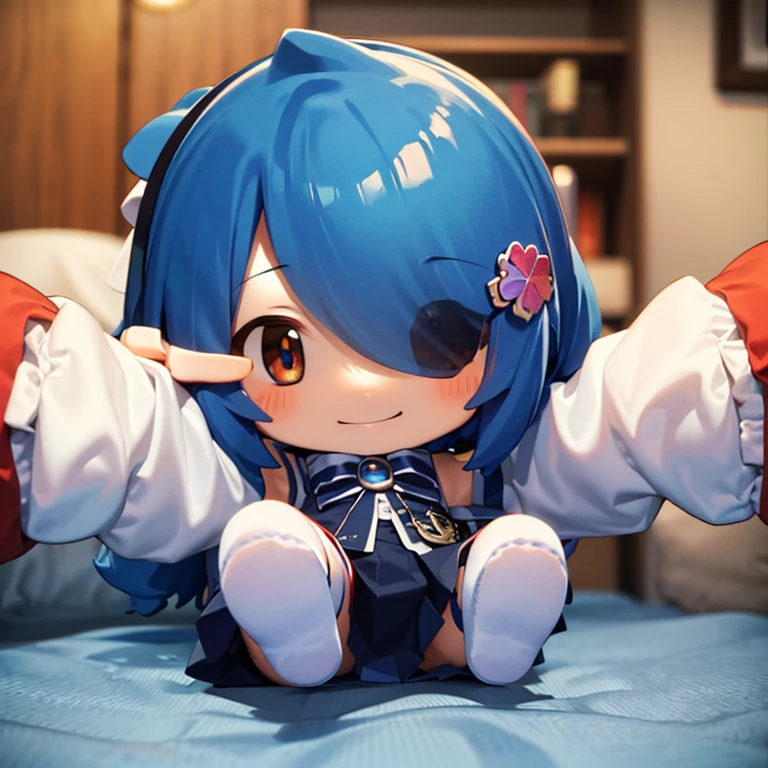 ((masterpiece)), ((((Chibi anime)))), 1 girl, alone ((((no background)))), madobe nanami, hair clip, hair band, hair ornaments, long sleeve, skirt, white and blue knee socks, (((Nendoroid))), closed one eye, smile, shortcut, Hehehe,Character Doll,Chibi