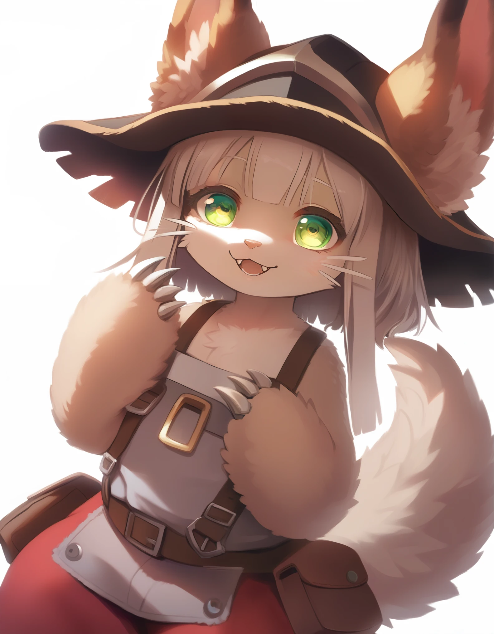 nanahi-default,narehate, nanachi (made in abyss),green eyes,white hair,long hair,furry,animal ears,ears through headwear,helmet,tail,puffy pants, claws, pointed claws