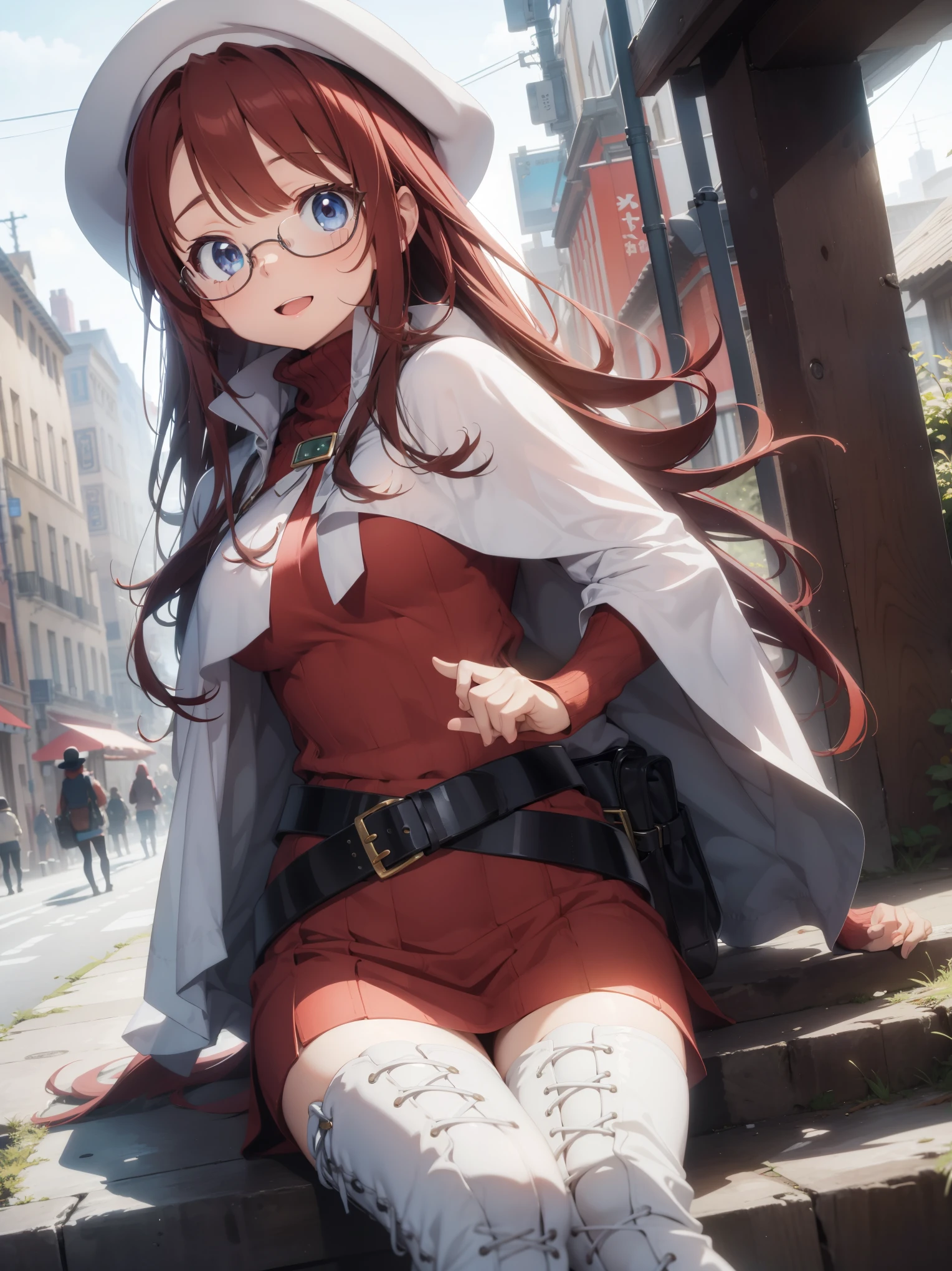summonnightaty, aty, long hair, blue eyes, red hair, beret, hat, glasses,
BREAK long hair, thighhighs, hat, dress, boots, glasses, belt, cape, sweater, zettai ryouiki, beret, thigh boots, white footwear, ribbed sweater, loose belt,solo,
BREAK outdoors, fantasy_town,
BREAK (masterpiece:1.2), best quality, high resolution, unity 8k wallpaper, (illustration:0.8), (beautiful detailed eyes:1.6), extremely detailed face, perfect lighting, extremely detailed CG, (perfect hands, perfect anatomy),covered_nipples,covered_navel,light_smile ,walking,(half_eyes:1.2),light_open_mouth,sword,armpit,sleepy,sitting_on_the_barrel,barrel,red_sweater,