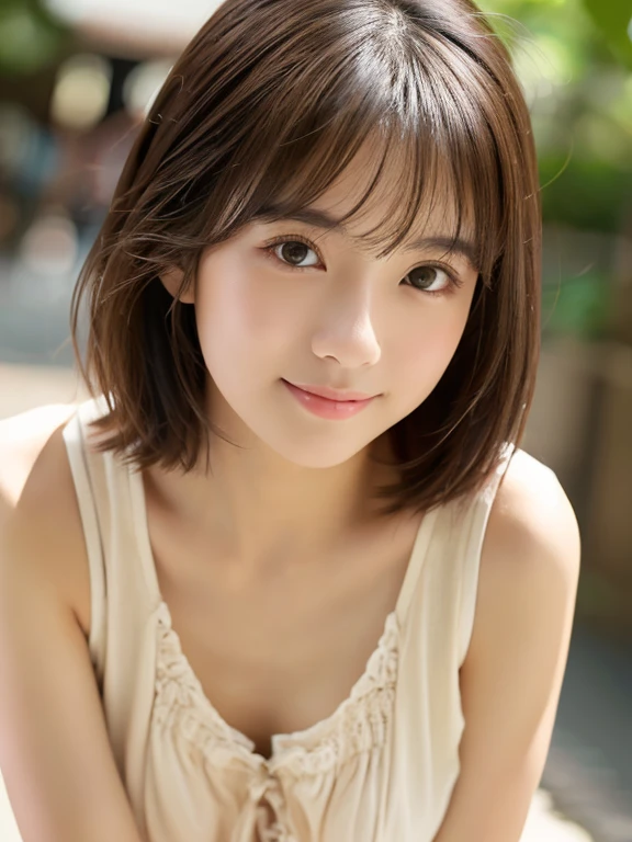 highest quality、超A high resolution、(Photoreal:1.4)、1 girl、(dark brown hair:1)、flat chest、looking at the viewer、Close-up、short hair、japanese woman、With background、natural styling、look at the camera、cute impression、simple clothes、Earth Toned Clothing, (less exposed) ,Bob length、summer background、facing the front、take a pose、waist、Indulgent gestures