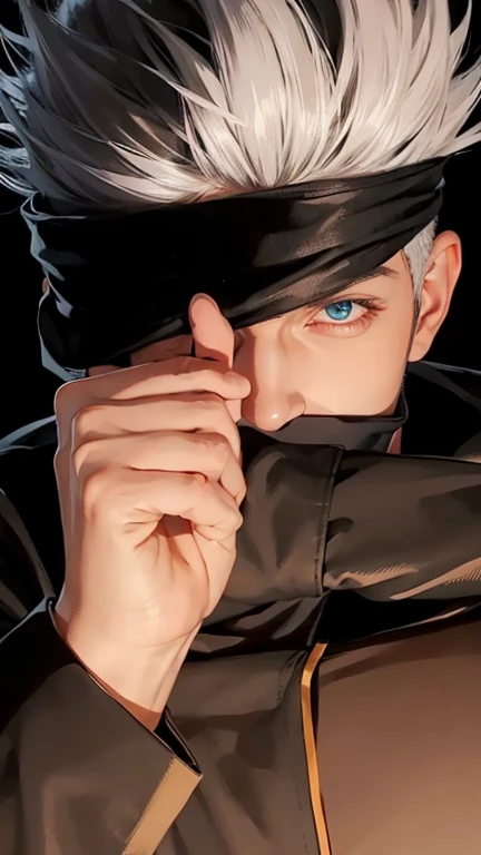 1 male, gojou satoru in anime jujutsu kaisen, short hair , gray hair, blue eyes, good looking, black clothes, smile, realistic clothes, details clothing, urban background, Super detailed, realistic