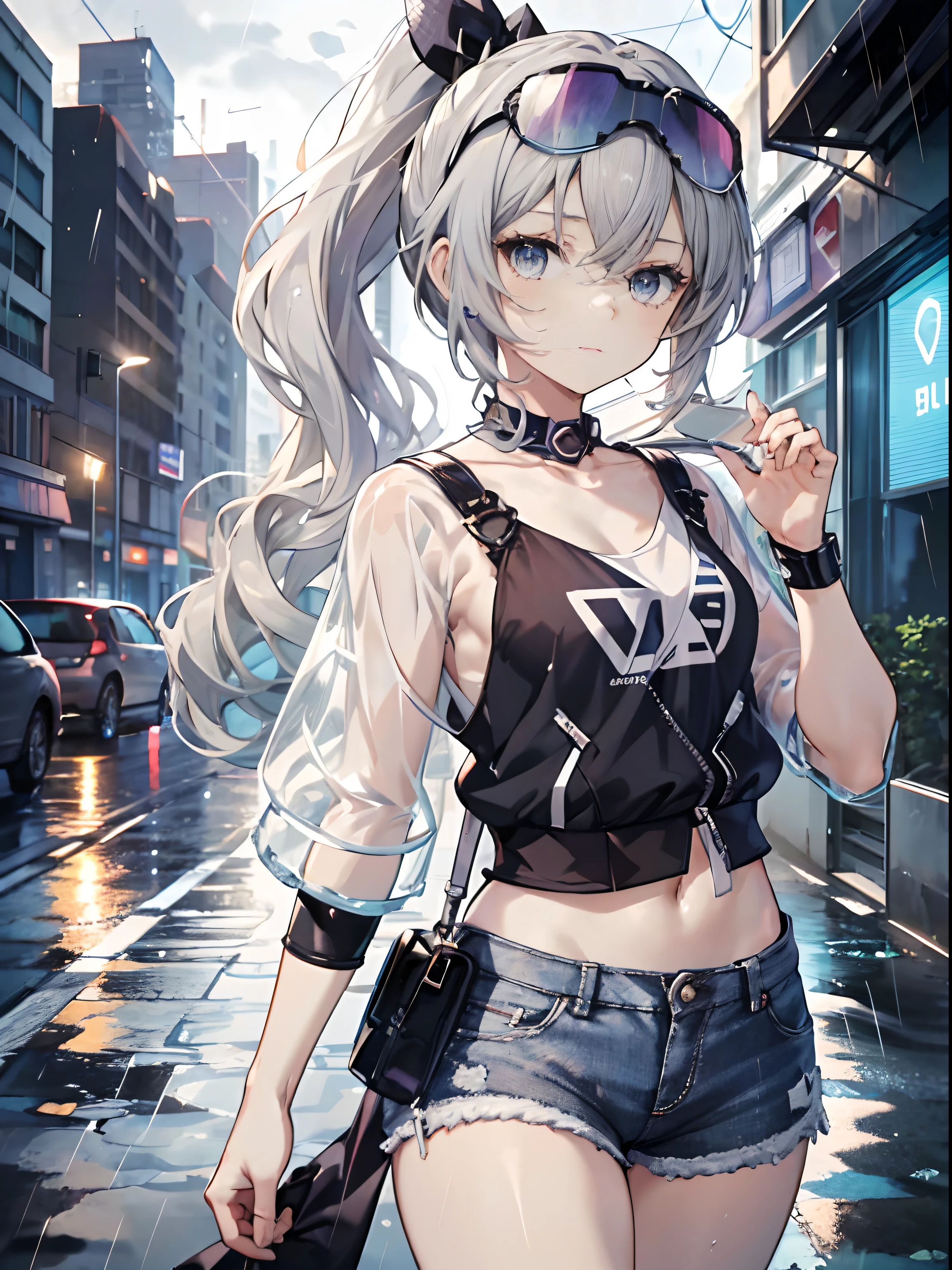 refined masterpiece, Best quality, Illustration Style, anime girl with curly tail, beautiful eyes, summer, white hem short sleeves, windblown, jeans, сине-фиоsummerвые очки с градиентом, small, touching, young and handsome, heroic and sassy, black and white combination, gray hair, showcasing natural everyday style. Dynamic pose contains the golden ratio., large aperture portrait, empty space, Strong contrast between light and shadow, SUPER TEXTURE, very clear and concise image, I present an extremely beautiful, elegant temperament, gentle expression, city background, rainy days, road section, water reflection
