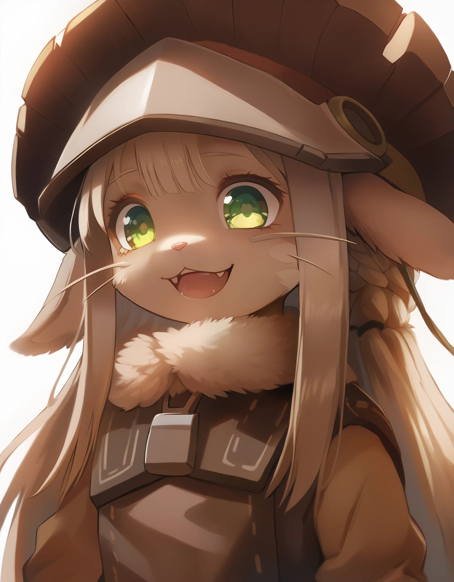 nanahi-default,narehate, nanachi (made in abyss),green eyes,white hair,long hair,furry,animal ears,ears through headwear,helmet,tail,puffy pants, claws, pointed claws