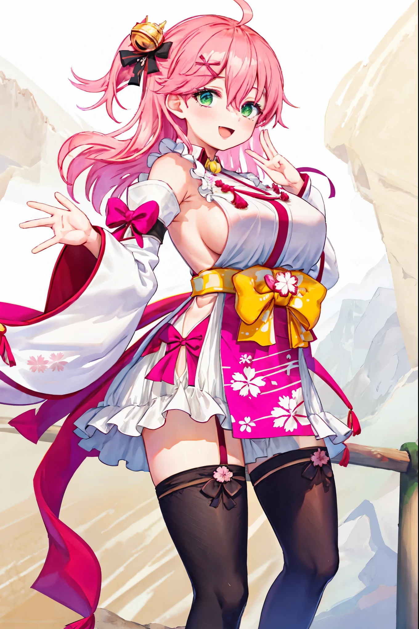 masterpiece, best quality, highres, miko1, sakura_miko, 1girl, green eyes, solo, ahoge, x_hair_ornament, pink_hair, floral print, hairclip,side_less_clothes, (sideboobs:1.4), hair_bell, floral print, long_hair, hair between eyes, one side up, white thighhighs, asymmetrical legwear, wide sleeves, open_mouth,happy,close_eyes, smile,jumping,rising_leg,plump,apart_legs,(overly_long_sleeves:1.1),(beautiful_fingers),sleeves_past_wrists,hands_hidden_sleeves,Japanese_park_background,