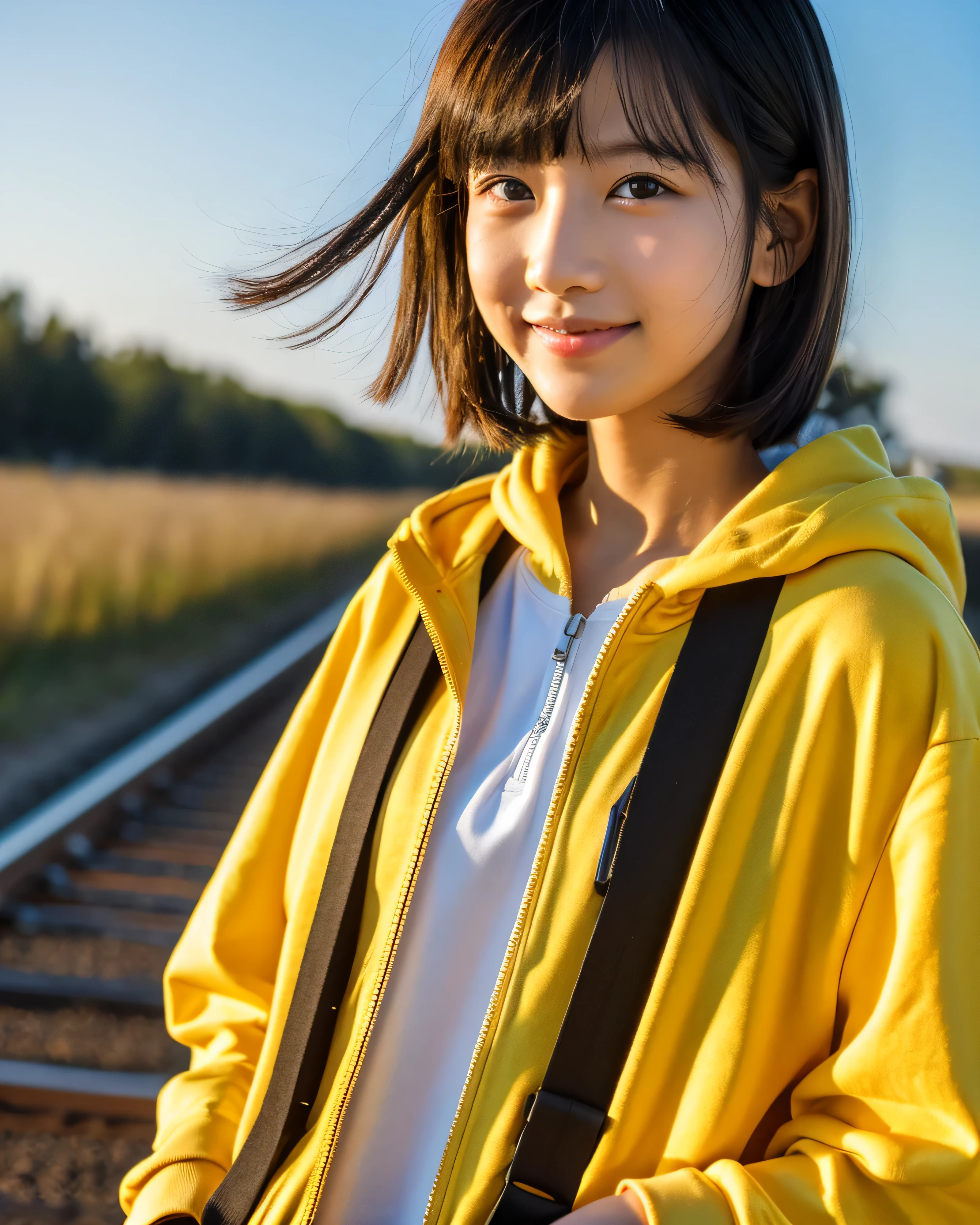 ((highest quality, 32k, High resolution, masterpiece:1.5, ), A track that stretches to the horizon, nostalgic light landscape, beautiful japanese girl, very beautiful face, Rear view walking on the railroad tracks, 13 years old, shiny black hair, beautiful short hair, beautiful bangs, hair between eyes, big magical eyes, clearly double, pale pink lips, gentle smile, (Yellow Zip Hoodie), ((High resolutionの美しい太もも, beautiful feet), beautiful detailed sky, professional photographer, professional lighting, Professional models