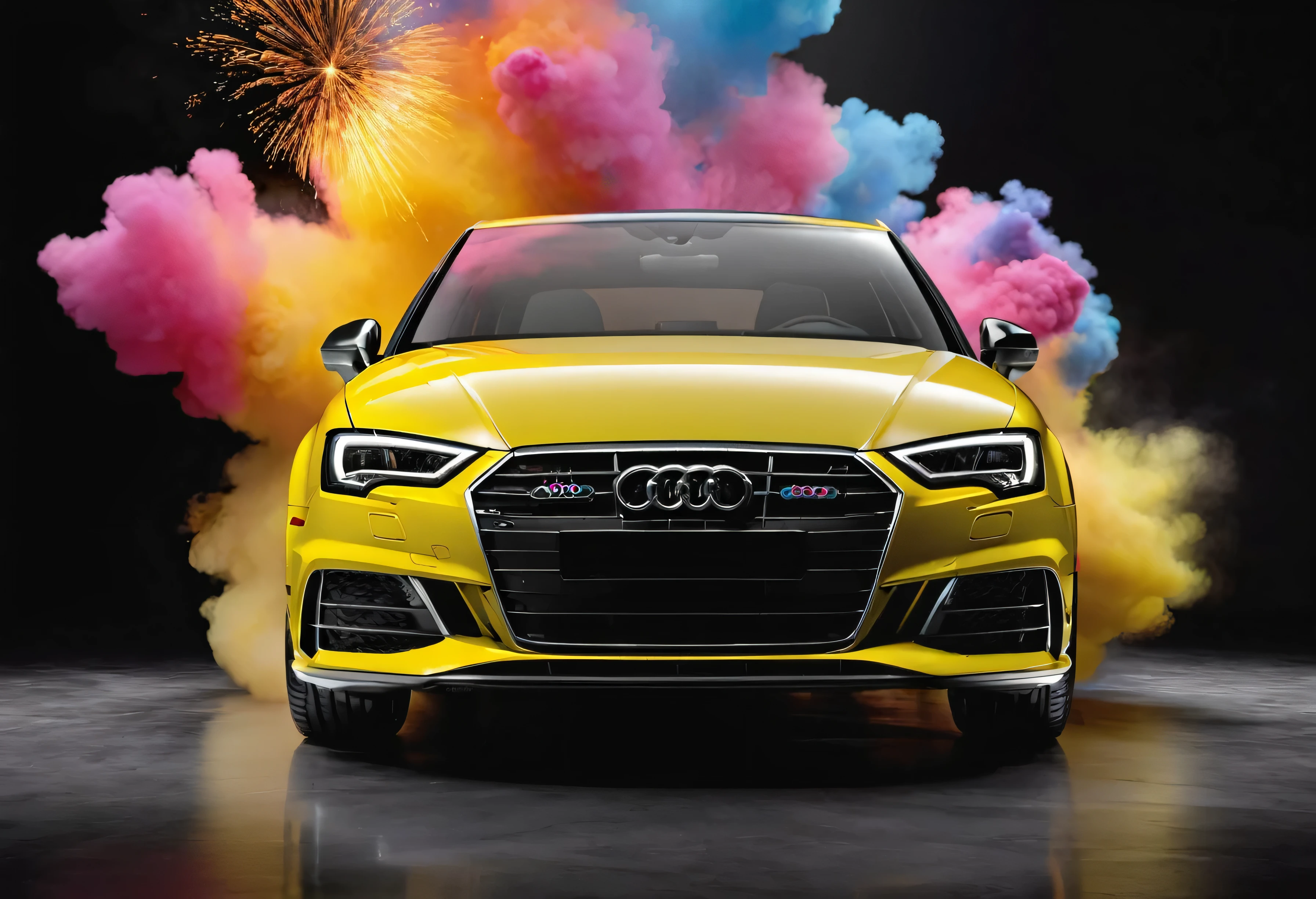 Audi s3 sedan, 2020, jaune, vue de face, vue de devant, photo studio fond noir, explosions of multicolored smoke in the background, vue de face