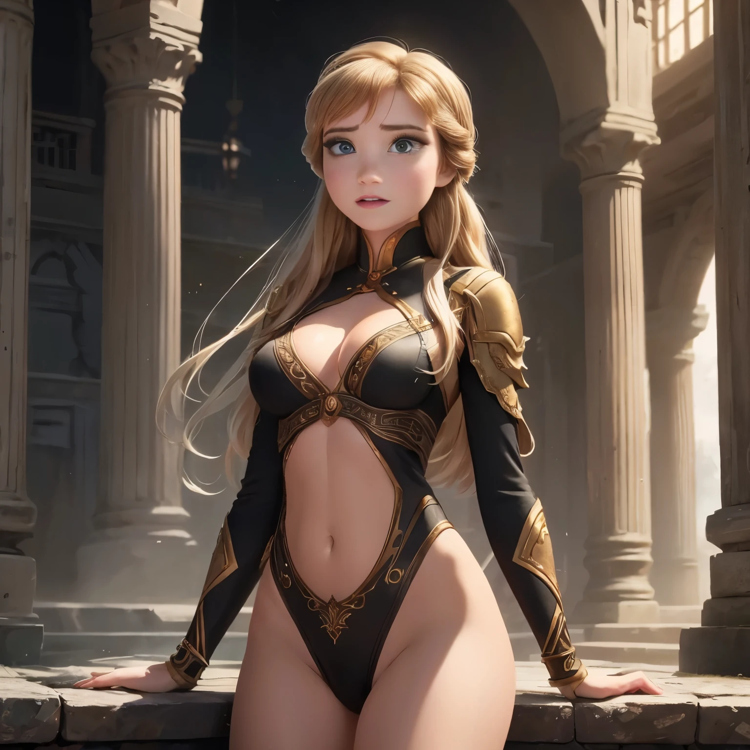 石の壁でポーズをとる黒と金の衣装を着たAnna of Arendelle, 2. 5d cgi anime fantasy artwork, flop loss draw, extremely detailed art germ, flop and loss draw, wallop art, fan art best art station, wlop and art germ, Wallop and Lost Run, Los Tran and WLOP, IG model | art germ、Anna of Arendelle