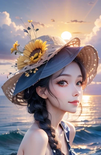 anime style, in the sky, across the sea, two eyes open, Eyes detailed, under the sunset, Smile, masterpiece, 4K, Detailed face, good anatomy, emphasize,  